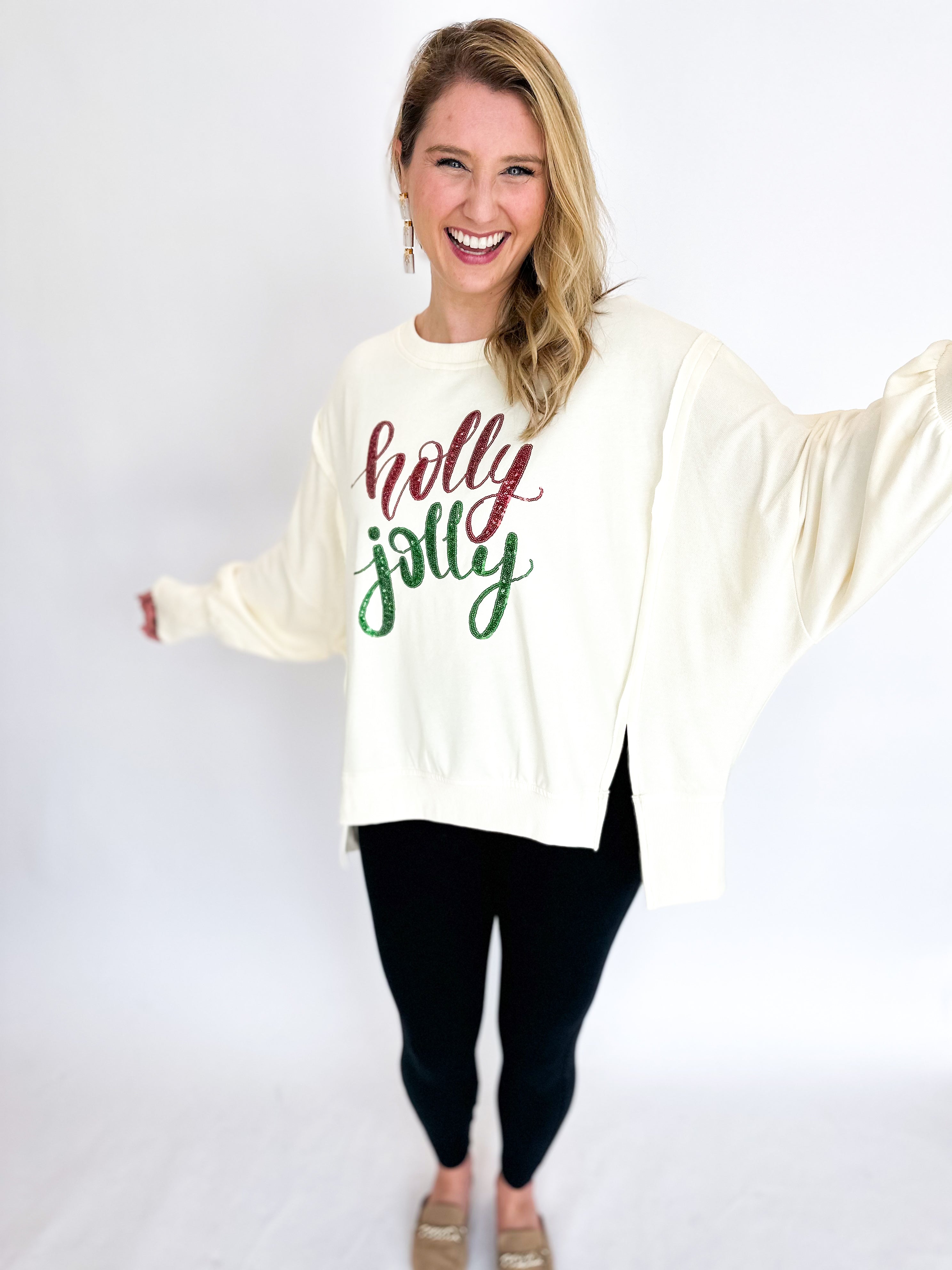 Holly Jolly Sequin Sweatshirt-230 Sweaters/Cardis-FANTASTIC FAWN-July & June Women's Fashion Boutique Located in San Antonio, Texas