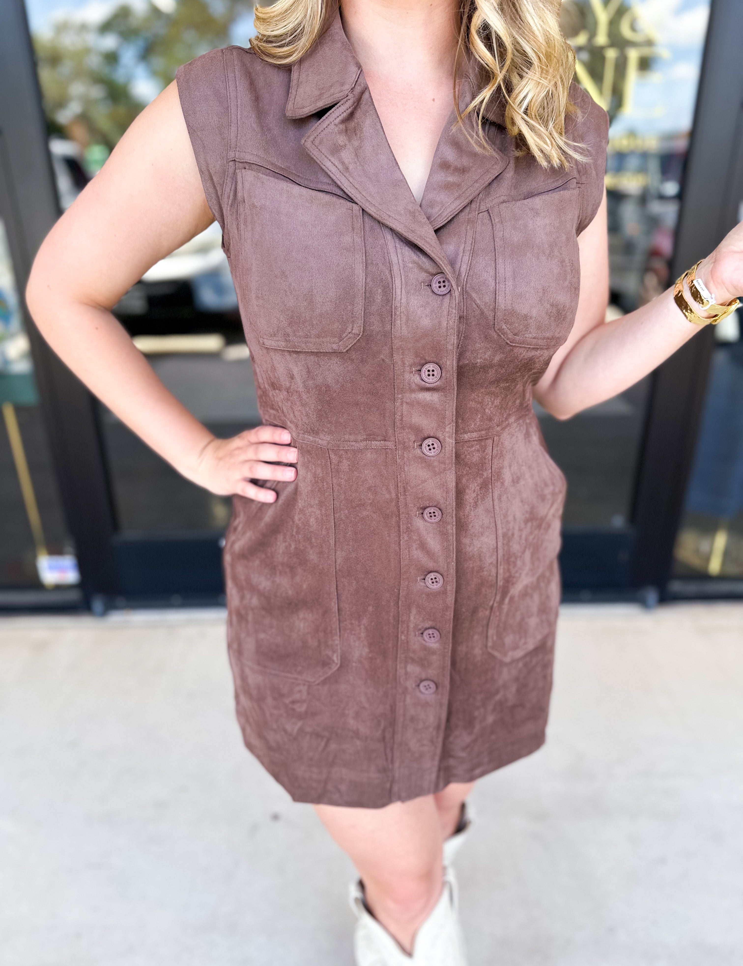 Suede Collared Mini Dress - Chocolate Brown-510 Mini-SKIES ARE BLUE-July & June Women's Fashion Boutique Located in San Antonio, Texas