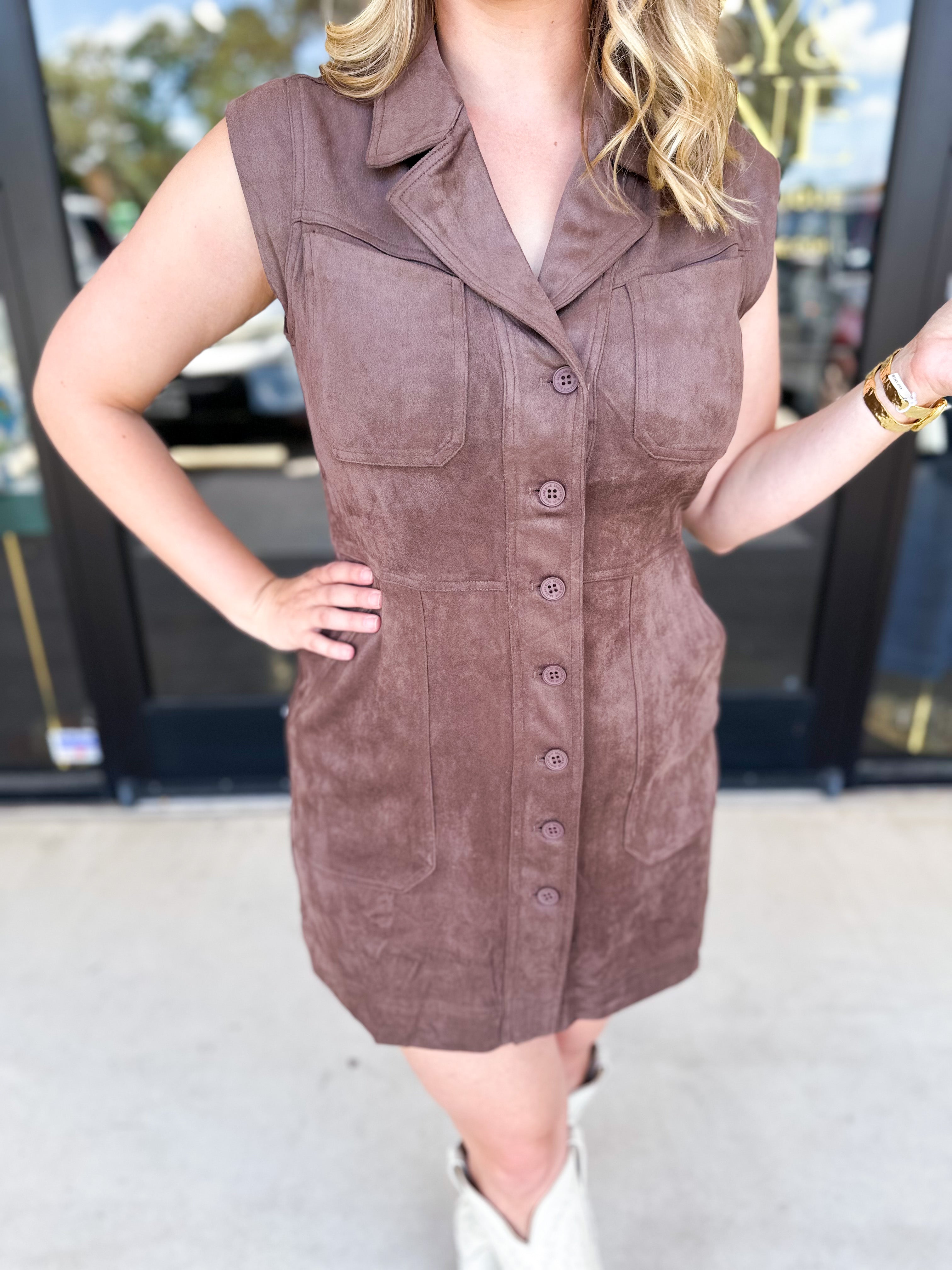 Suede Collared Mini Dress - Chocolate Brown-510 Mini-SKIES ARE BLUE-July & June Women's Fashion Boutique Located in San Antonio, Texas