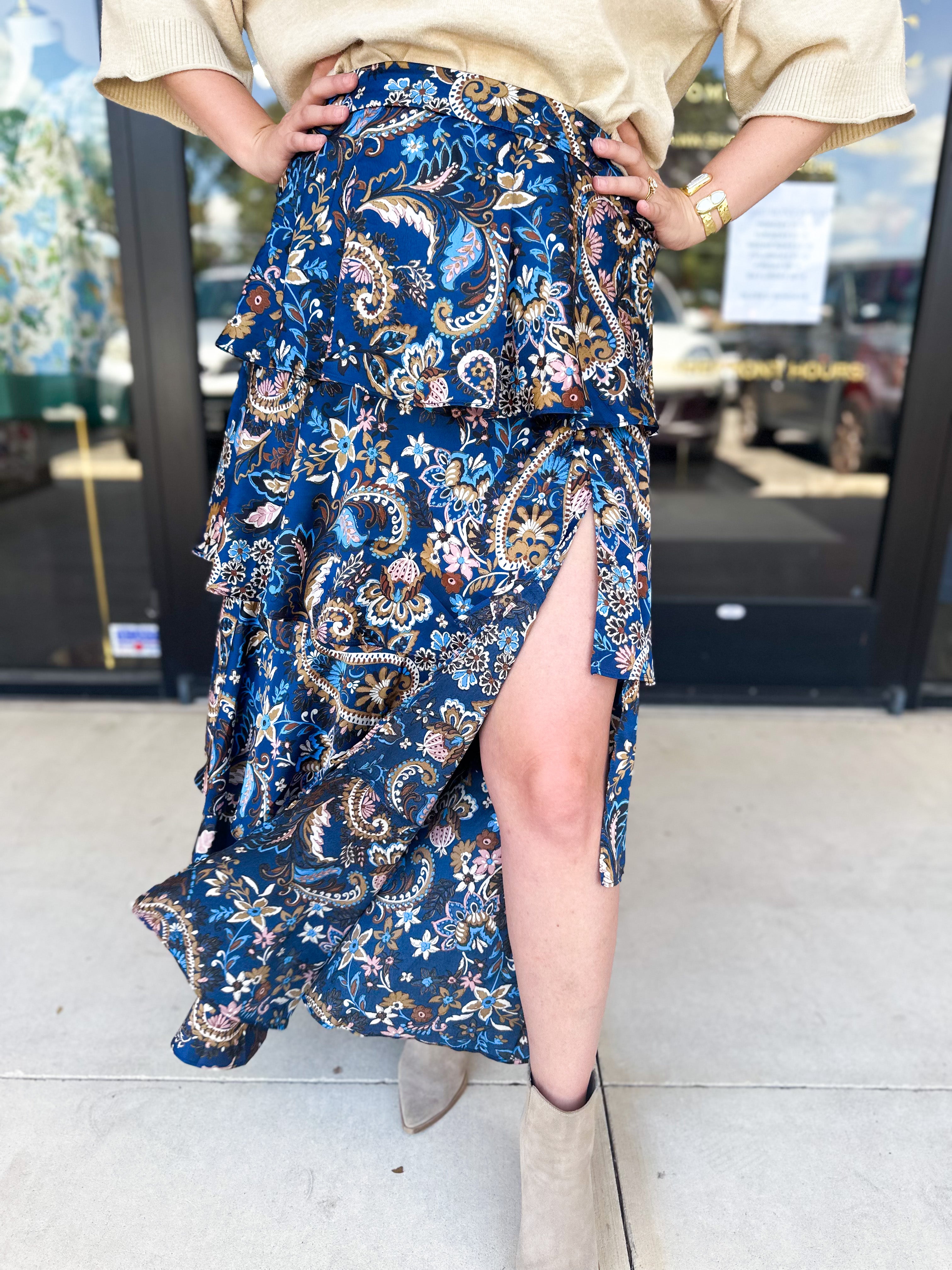 Blue Paisley Midi Skirt-410 Shorts/Skirts-SKIES ARE BLUE-July & June Women's Fashion Boutique Located in San Antonio, Texas