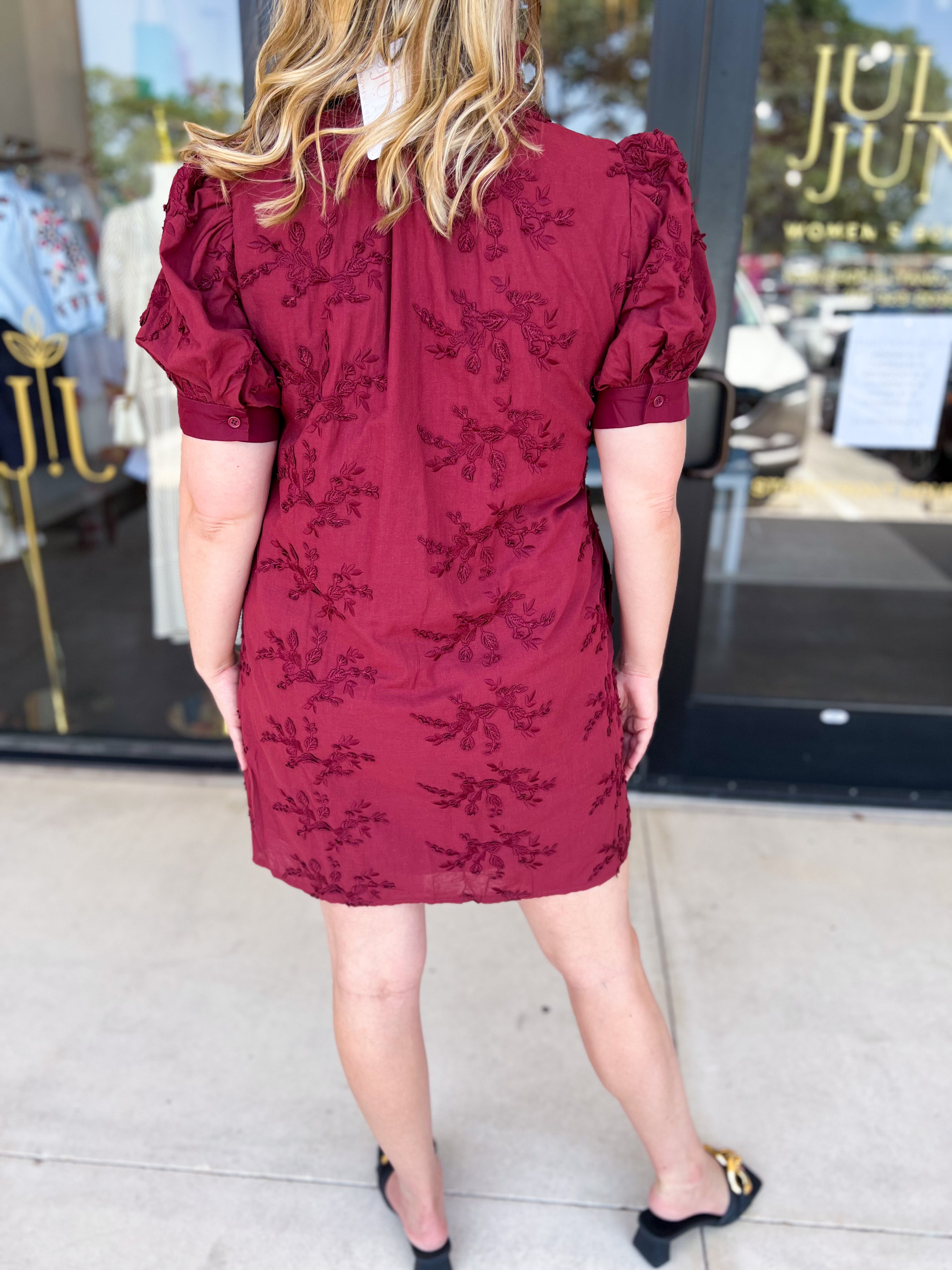 Floral Crochet Mini Dress - Burgundy-510 Mini-ENTRO-July & June Women's Fashion Boutique Located in San Antonio, Texas