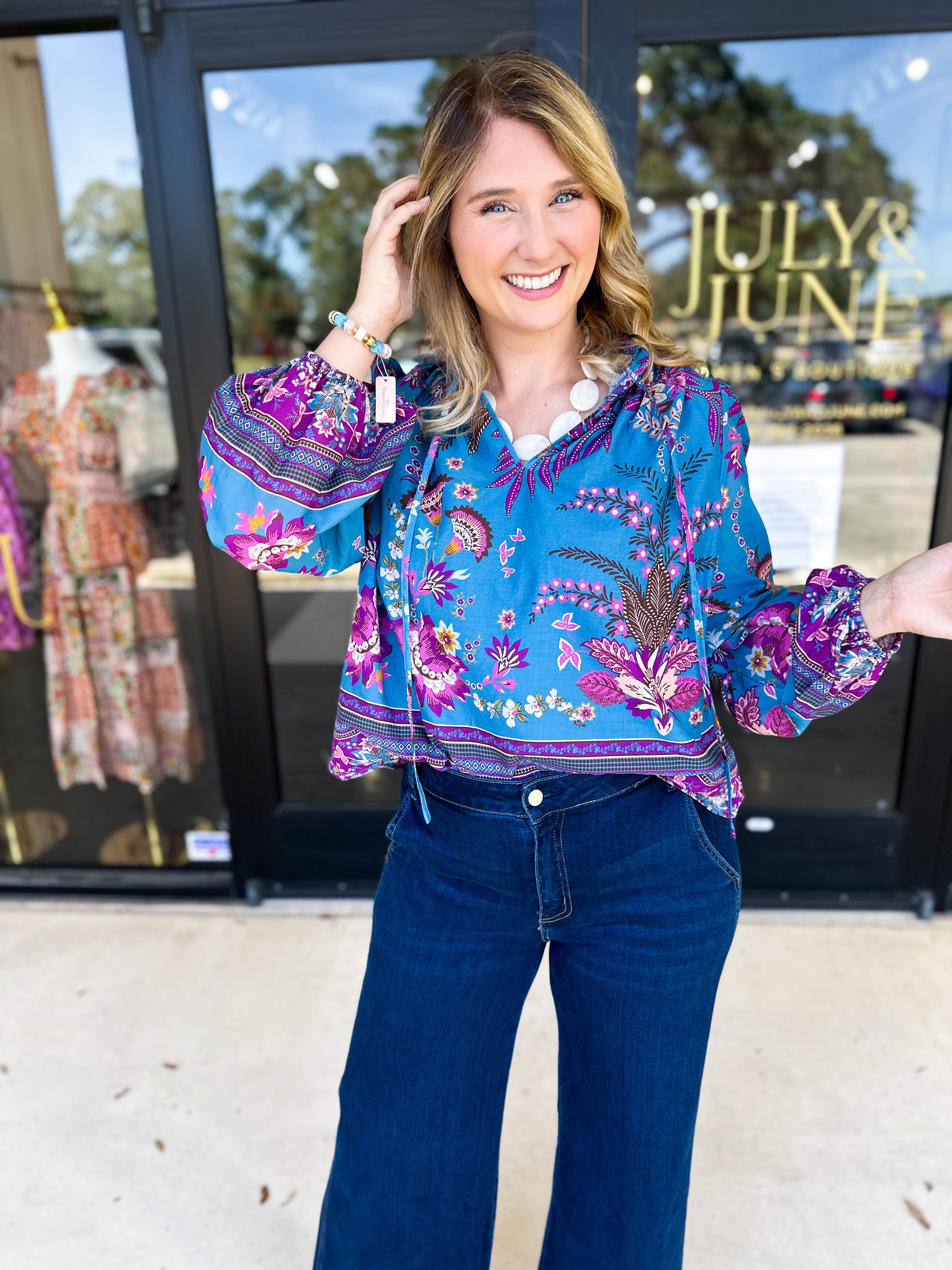 Teal & Lavender Blouse-200 Fashion Blouses-FATE-July & June Women's Fashion Boutique Located in San Antonio, Texas