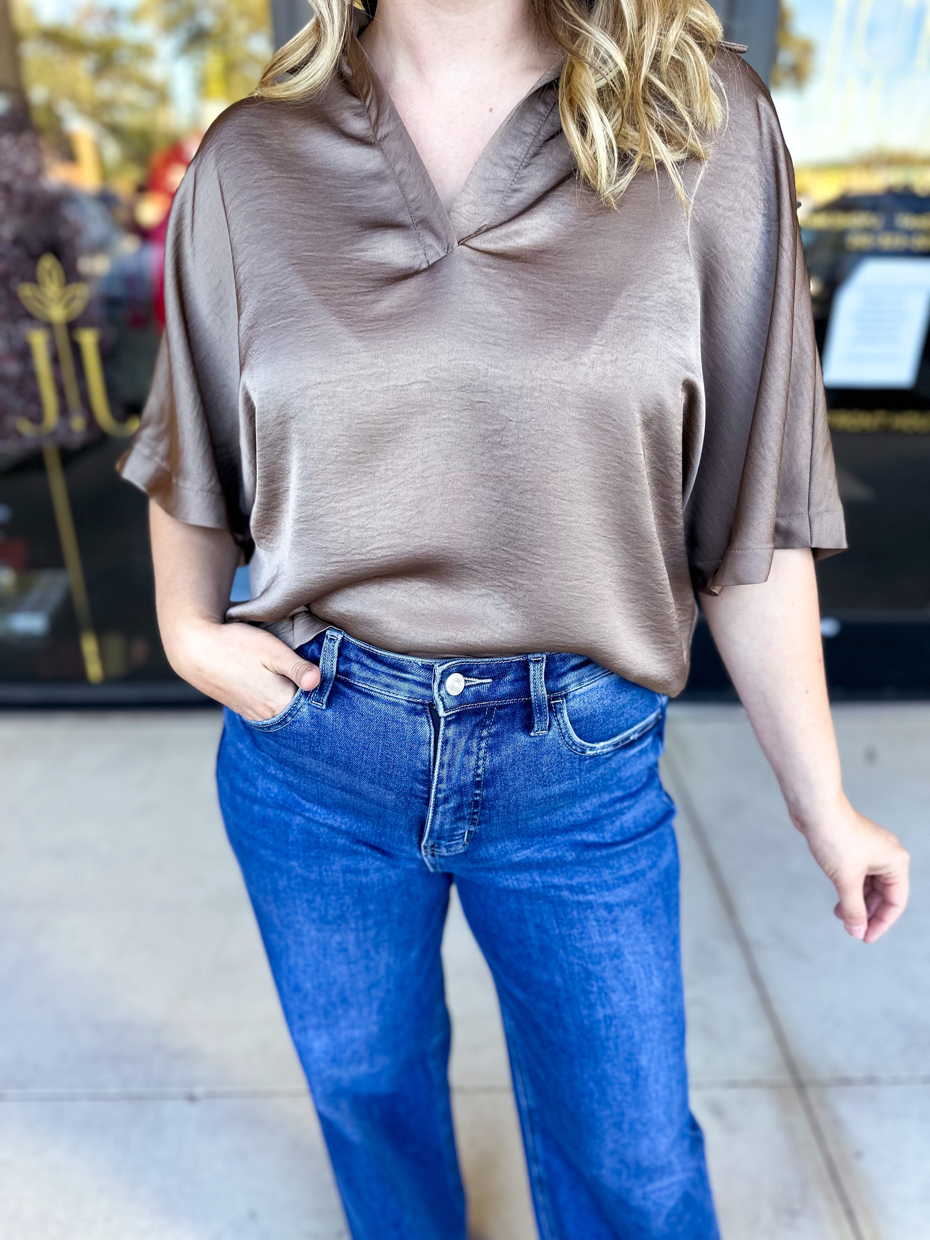 Pink Friday Doorbuster - Classic Satin Blouse - Mocha - ONLINE-PINK FRIDAY DOORBUSTERS-GLAM-July & June Women's Fashion Boutique Located in San Antonio, Texas