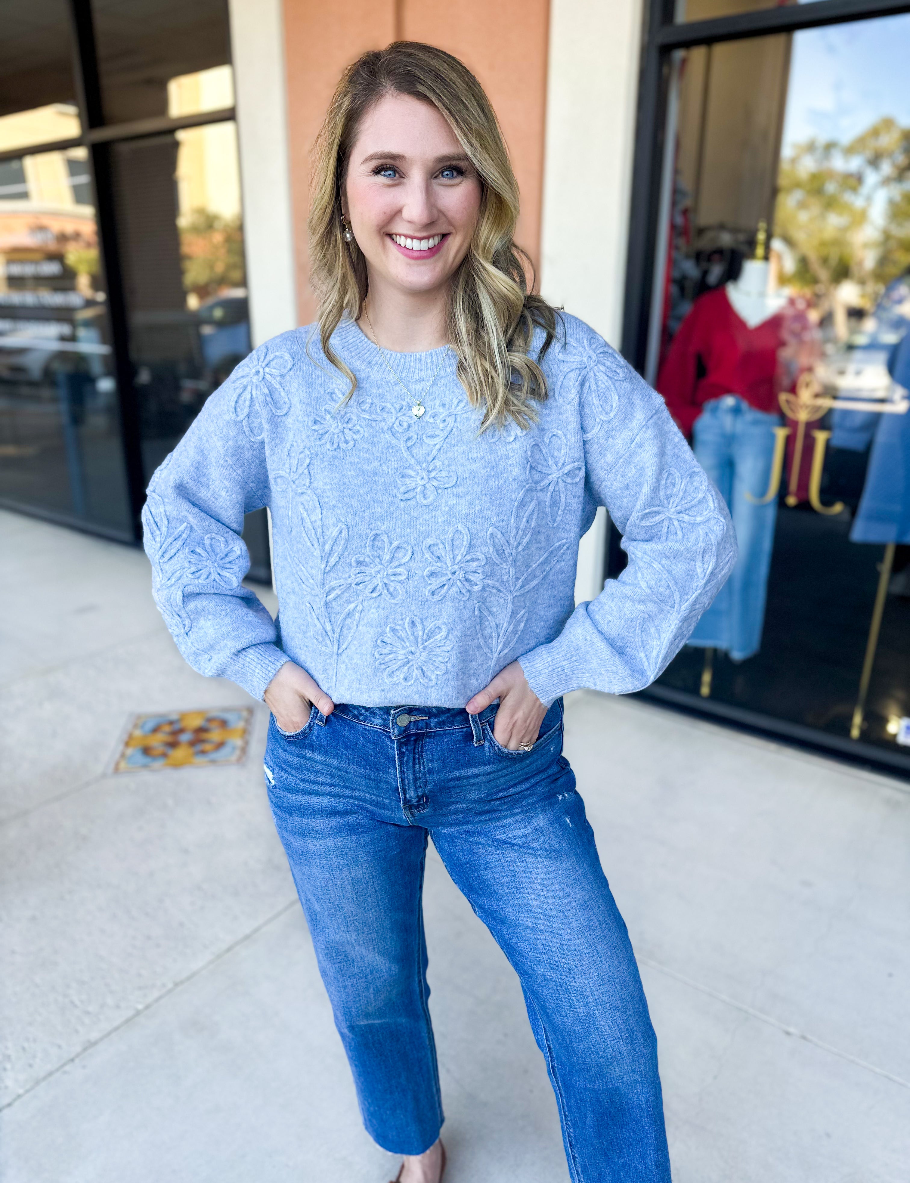 Heather Blue Floral Sweater-230 Sweaters/Cardis-ALLIE ROSE-July & June Women's Fashion Boutique Located in San Antonio, Texas