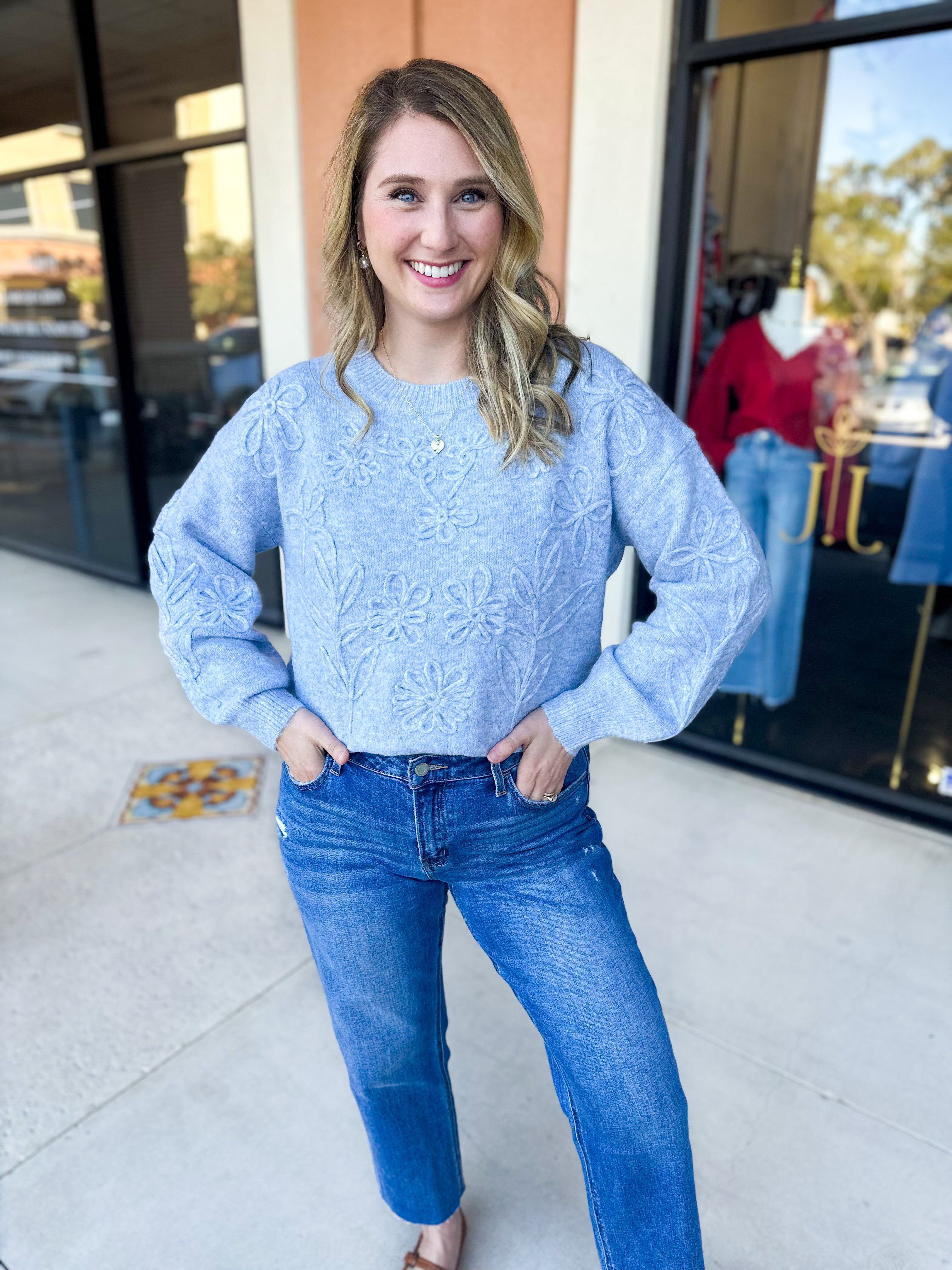 Heather Blue Floral Sweater-230 Sweaters/Cardis-ALLIE ROSE-July & June Women's Fashion Boutique Located in San Antonio, Texas