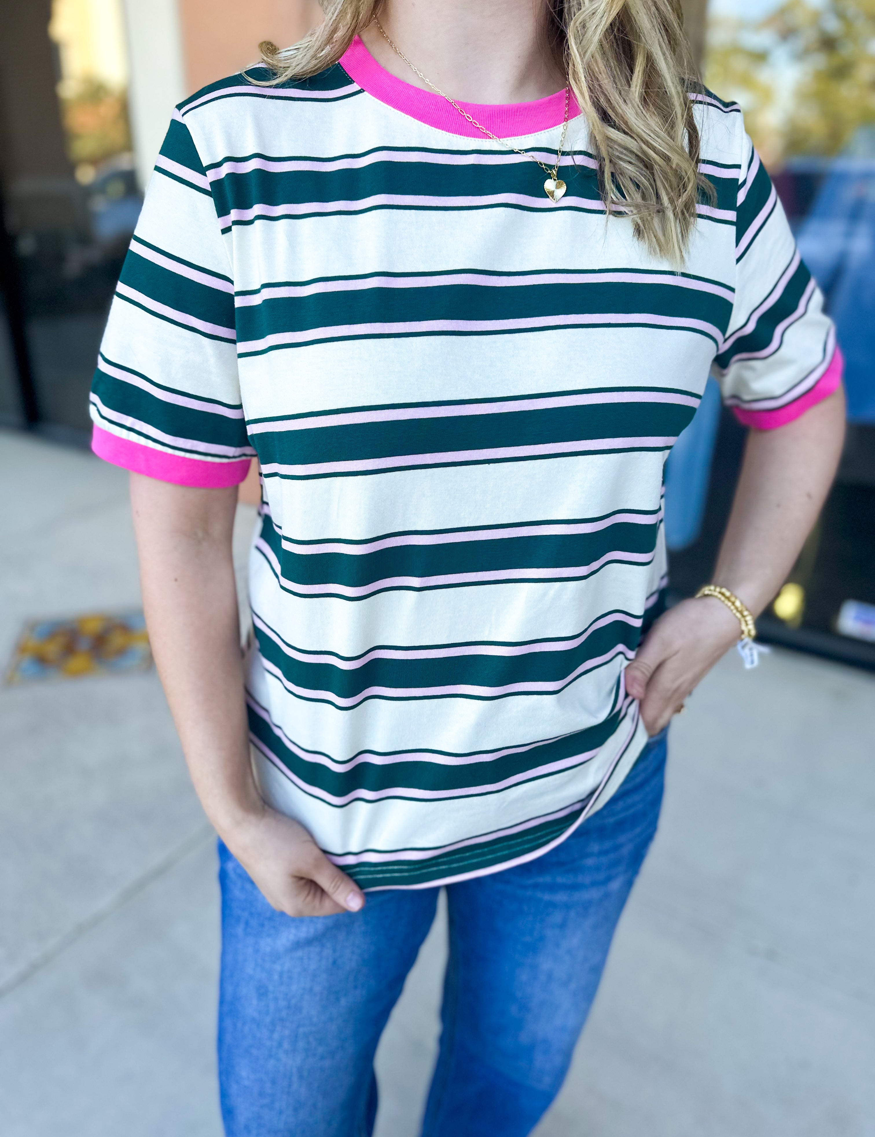 Kelly Green & Pink Tee-210 Casual Blouses-POLOGRAM-July & June Women's Fashion Boutique Located in San Antonio, Texas
