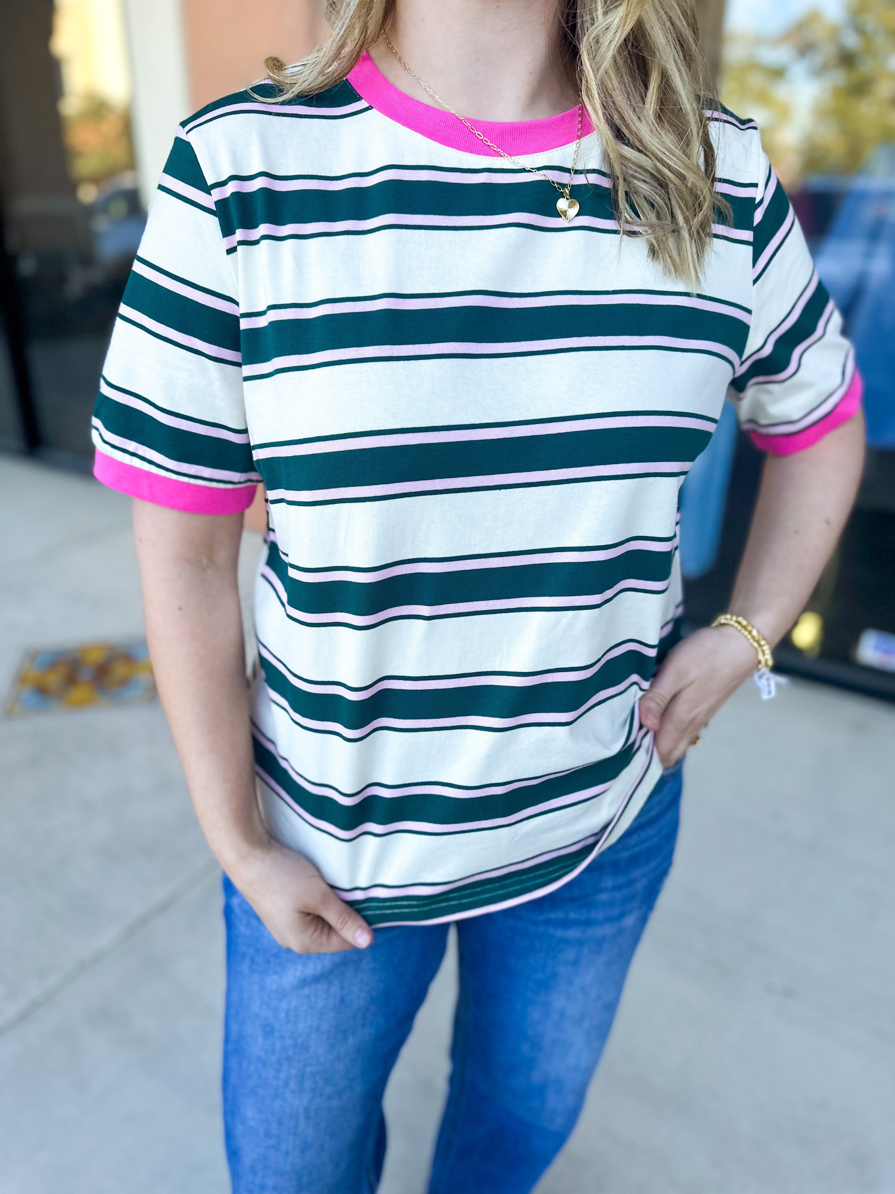 Kelly Green & Pink Tee-210 Casual Blouses-POLOGRAM-July & June Women's Fashion Boutique Located in San Antonio, Texas