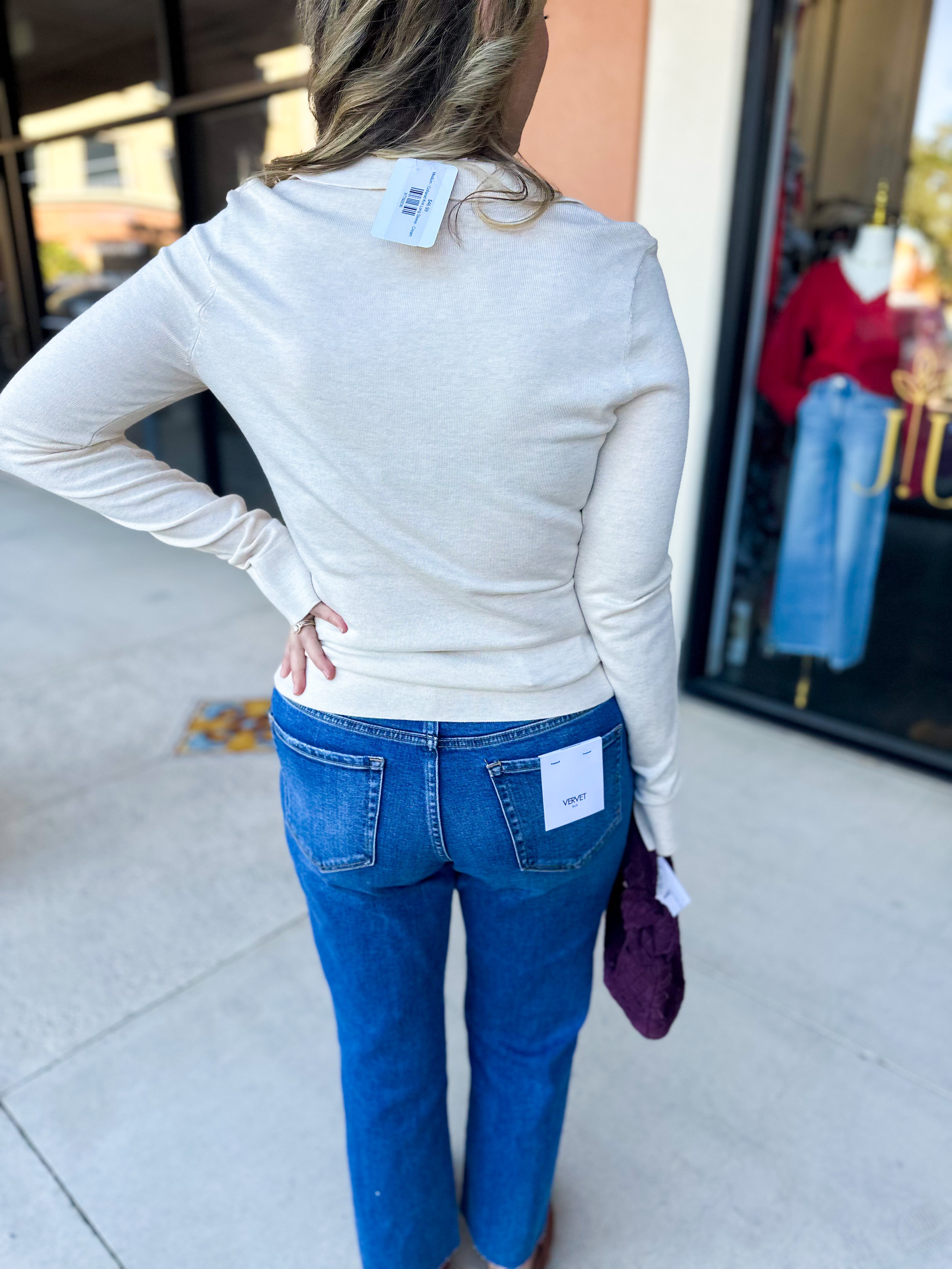 Collared Knit Long Sleeve - Cream-230 Sweaters/Cardis-SKIES ARE BLUE-July & June Women's Fashion Boutique Located in San Antonio, Texas