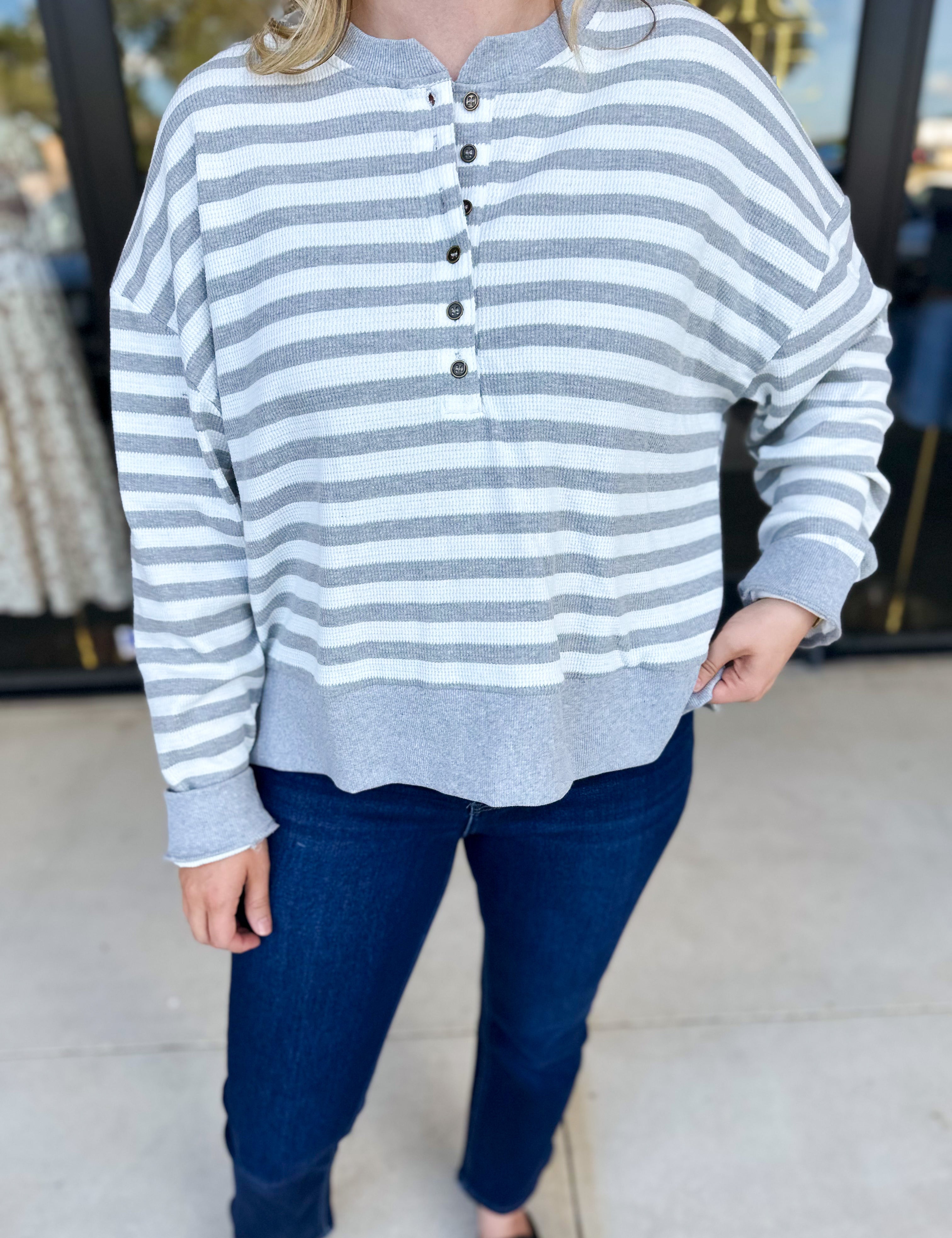 Casual Cool Henley Long Sleeve - Light Grey-210 Casual Blouses-POLOGRAM-July & June Women's Fashion Boutique Located in San Antonio, Texas