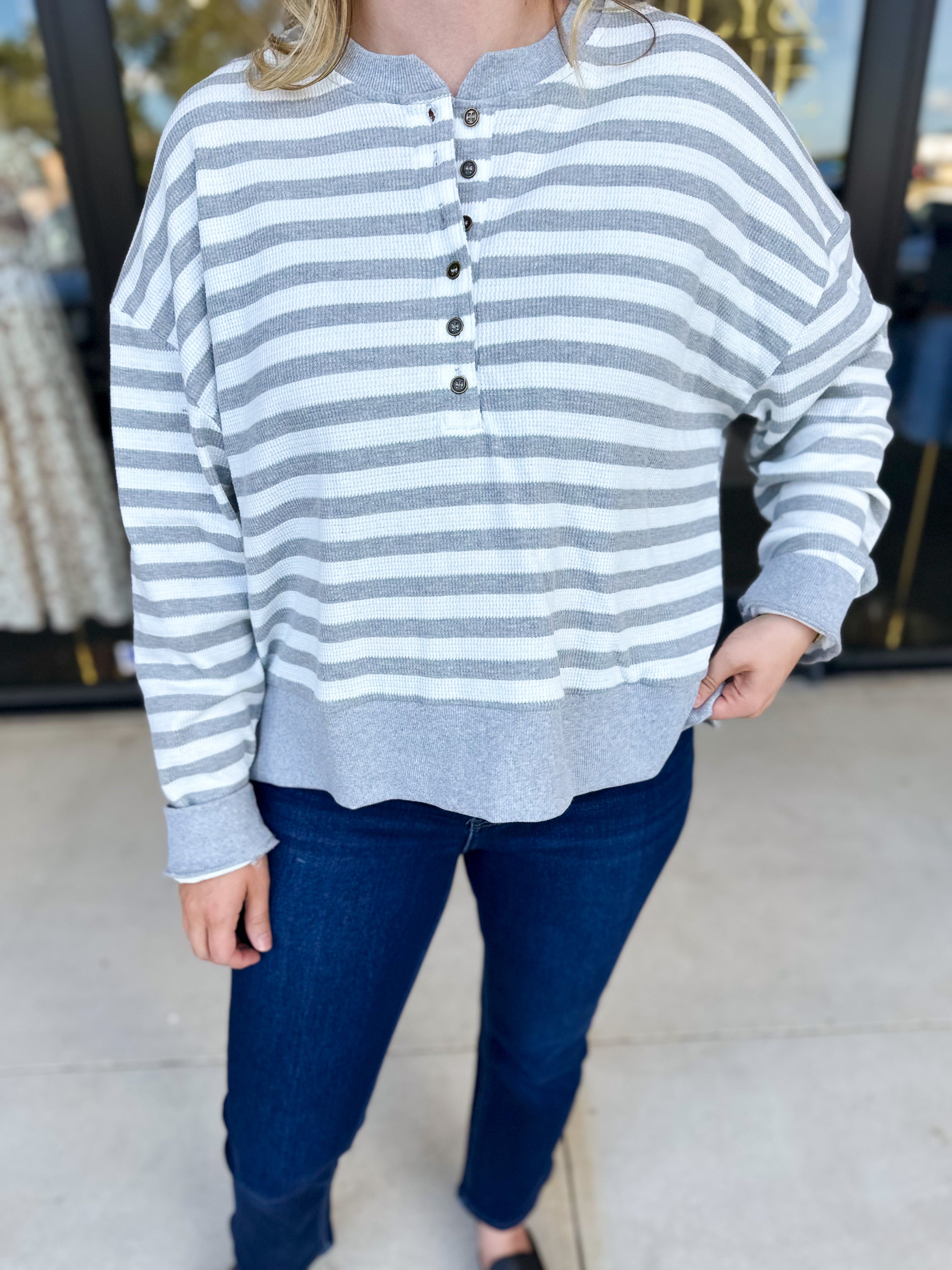 Casual Cool Henley Long Sleeve - Light Grey-210 Casual Blouses-POLOGRAM-July & June Women's Fashion Boutique Located in San Antonio, Texas
