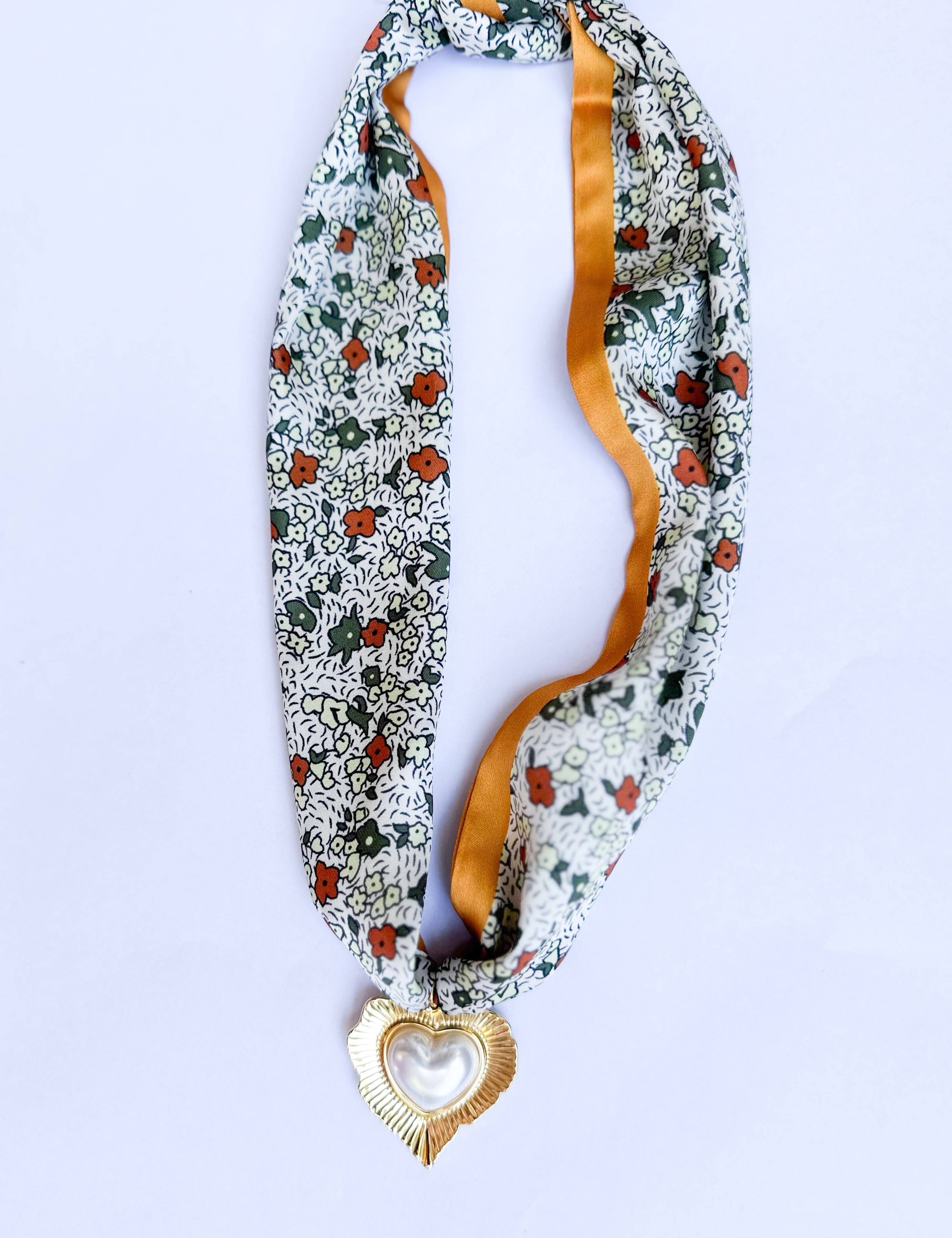 Scarf Necklace - Mustard Florals & Gold Heart-110 Jewelry & Hair-HART DESIGNS-July & June Women's Fashion Boutique Located in San Antonio, Texas