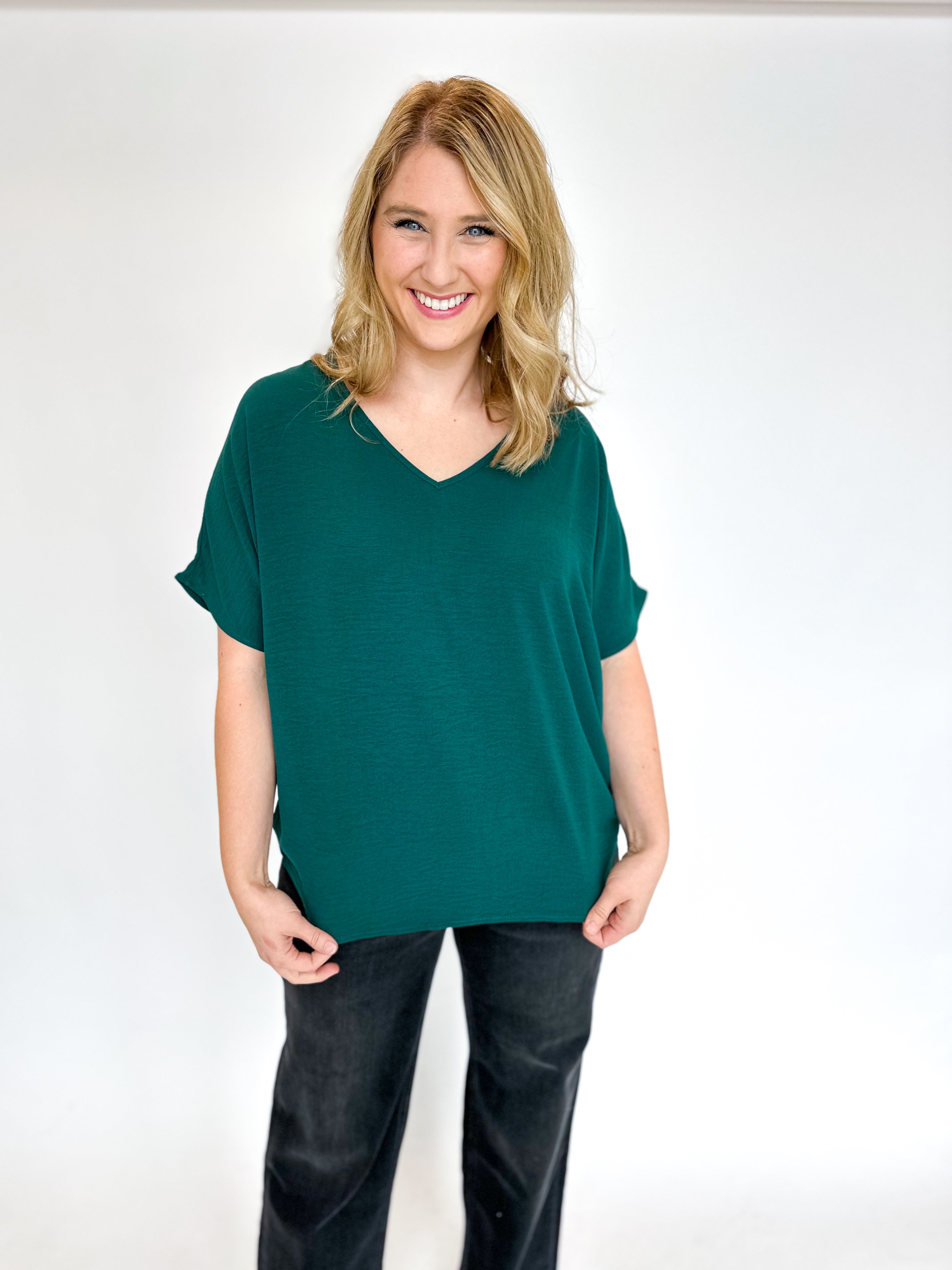 Pink Friday Doorbuster - Basic V-Neck Blouse - Hunter Green-PINK FRIDAY DOORBUSTERS-ENTRO-July & June Women's Fashion Boutique Located in San Antonio, Texas