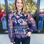 Deep Blue Floral Blouse-200 Fashion Blouses-FATE-July & June Women's Fashion Boutique Located in San Antonio, Texas