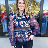 Deep Blue Floral Blouse-200 Fashion Blouses-FATE-July & June Women's Fashion Boutique Located in San Antonio, Texas