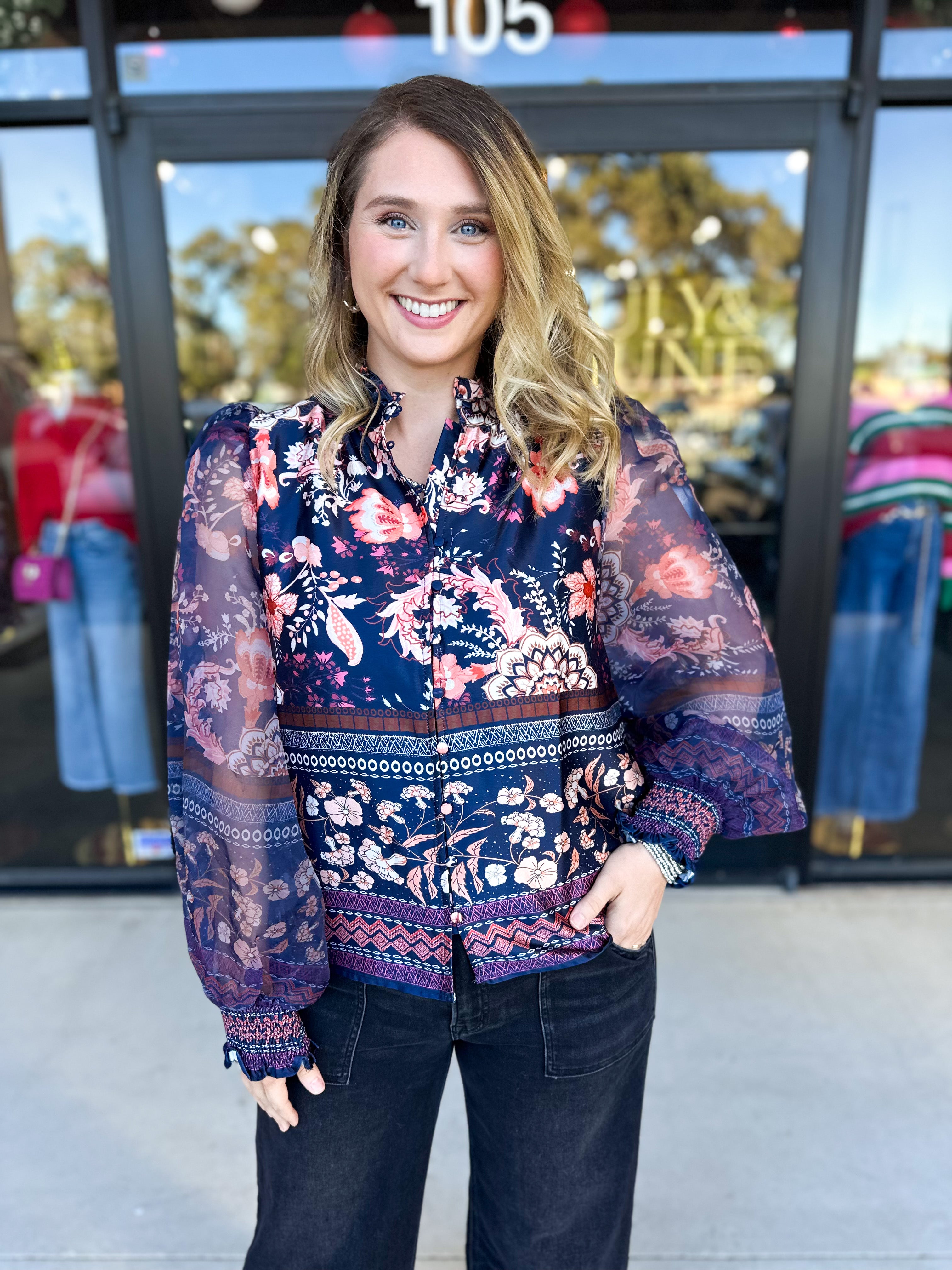Deep Blue Floral Blouse-200 Fashion Blouses-FATE-July & June Women's Fashion Boutique Located in San Antonio, Texas