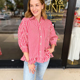 Sweetheart Denim Button Down - Red-200 Fashion Blouses-FATE-July & June Women's Fashion Boutique Located in San Antonio, Texas