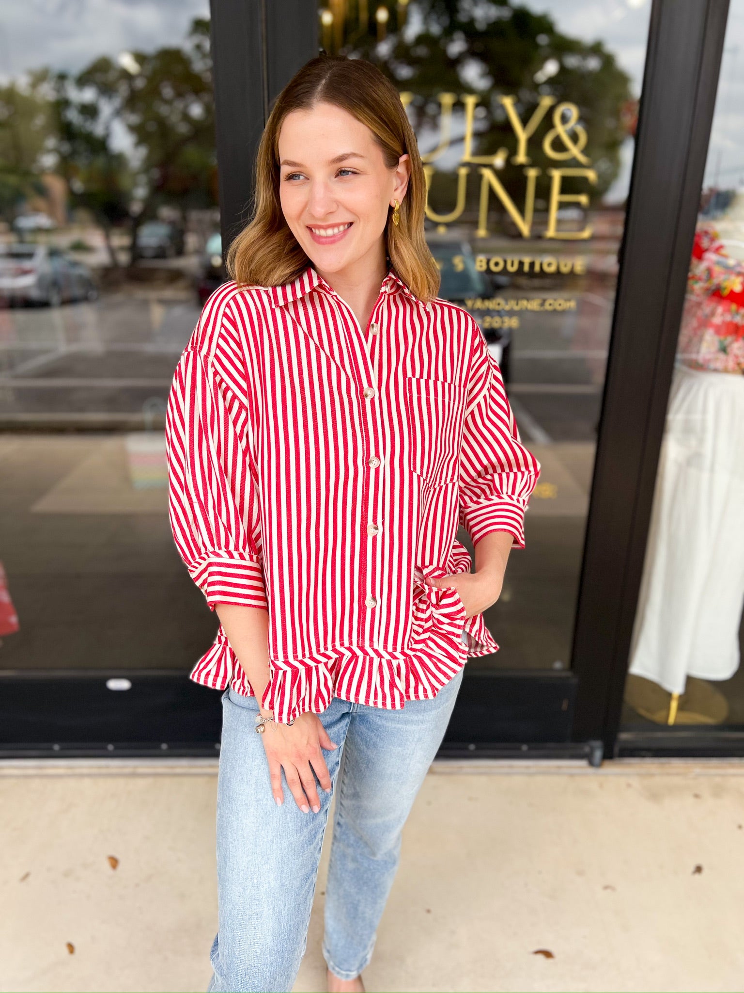 Sweetheart Denim Button Down - Red-200 Fashion Blouses-FATE-July & June Women's Fashion Boutique Located in San Antonio, Texas