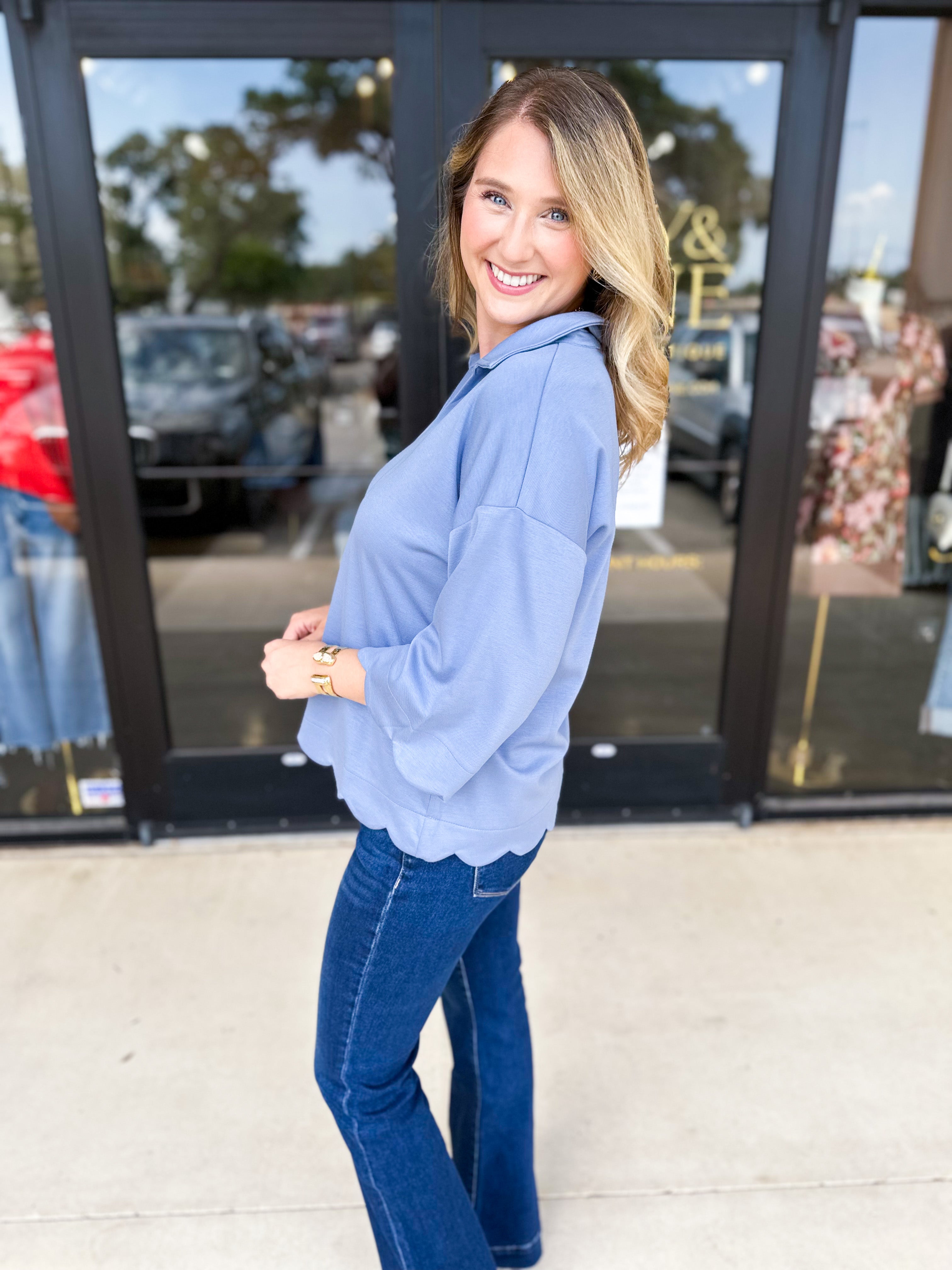 Soft Scalloped Top - Denim Blue-200 Fashion Blouses-JODIFL-July & June Women's Fashion Boutique Located in San Antonio, Texas
