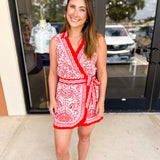 Red Paisley Wrap Romper-510 Mini-SKIES ARE BLUE-July & June Women's Fashion Boutique Located in San Antonio, Texas