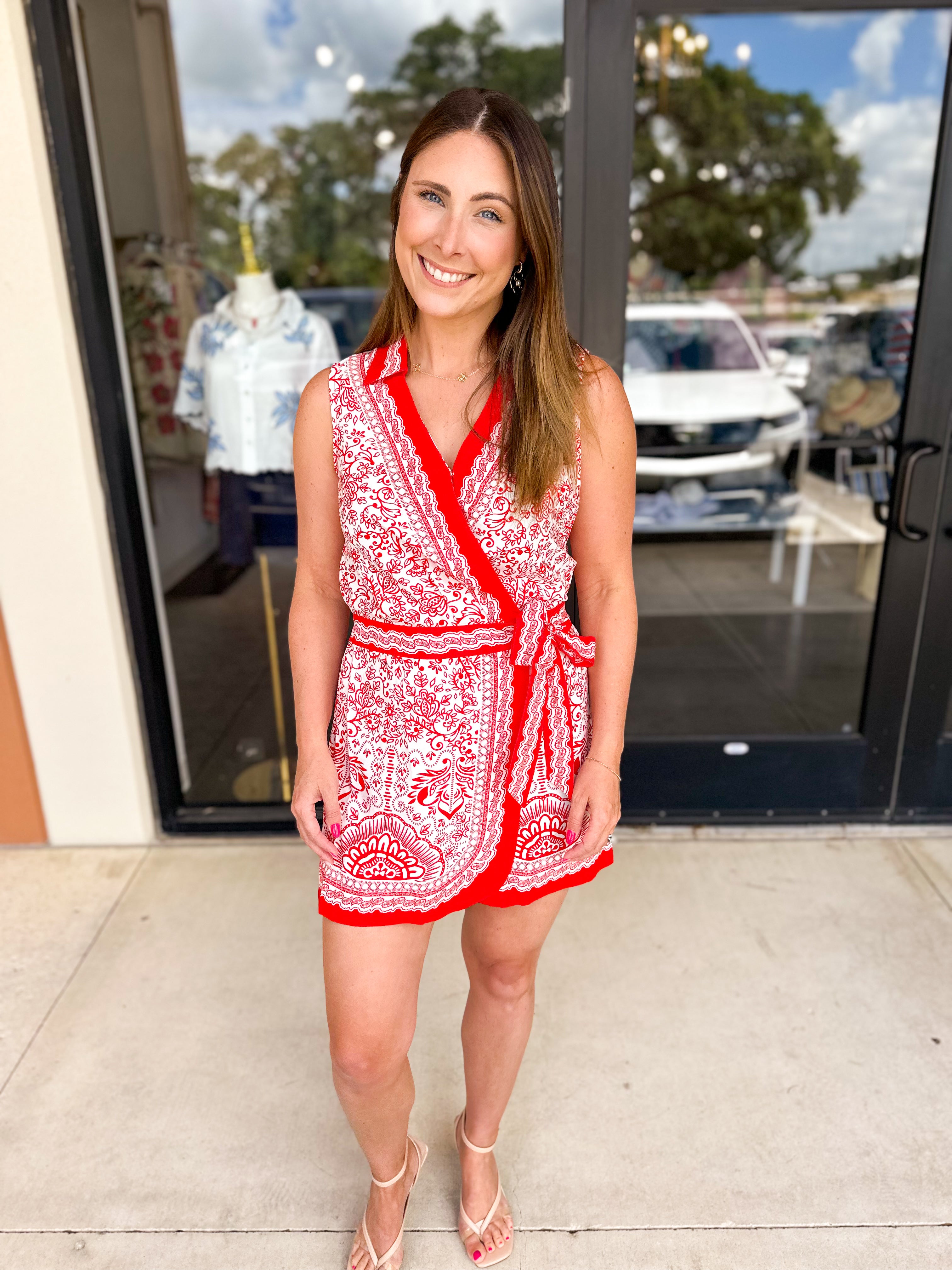 Red Paisley Wrap Romper-510 Mini-SKIES ARE BLUE-July & June Women's Fashion Boutique Located in San Antonio, Texas