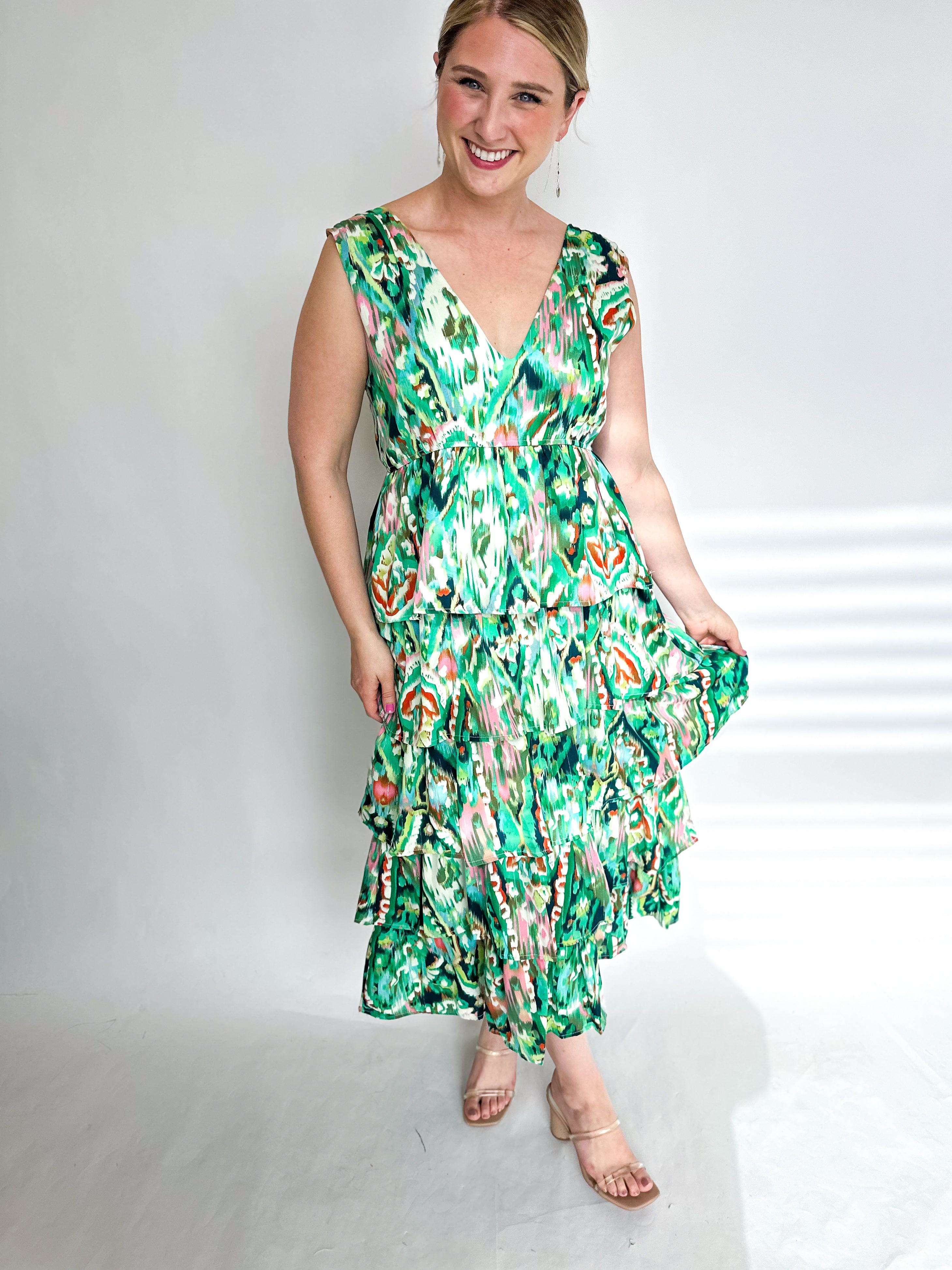 Green & Coral Abstract Midi Dress-500 Midi-TCEC-July & June Women's Fashion Boutique Located in San Antonio, Texas