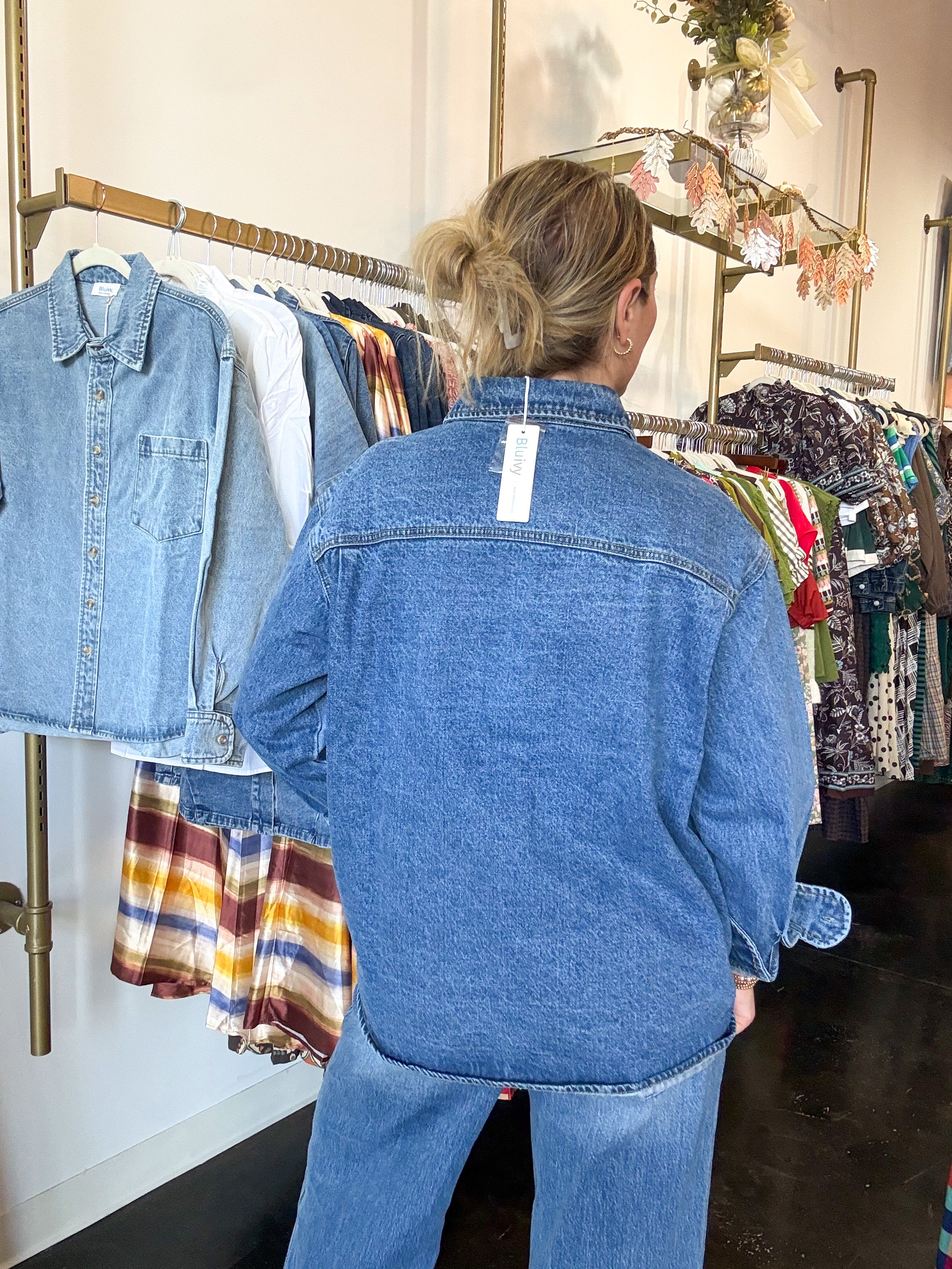 Washed Denim Button Down Shirt - Medium Wash-200 Fashion Blouses-BLUIVY-July & June Women's Fashion Boutique Located in San Antonio, Texas