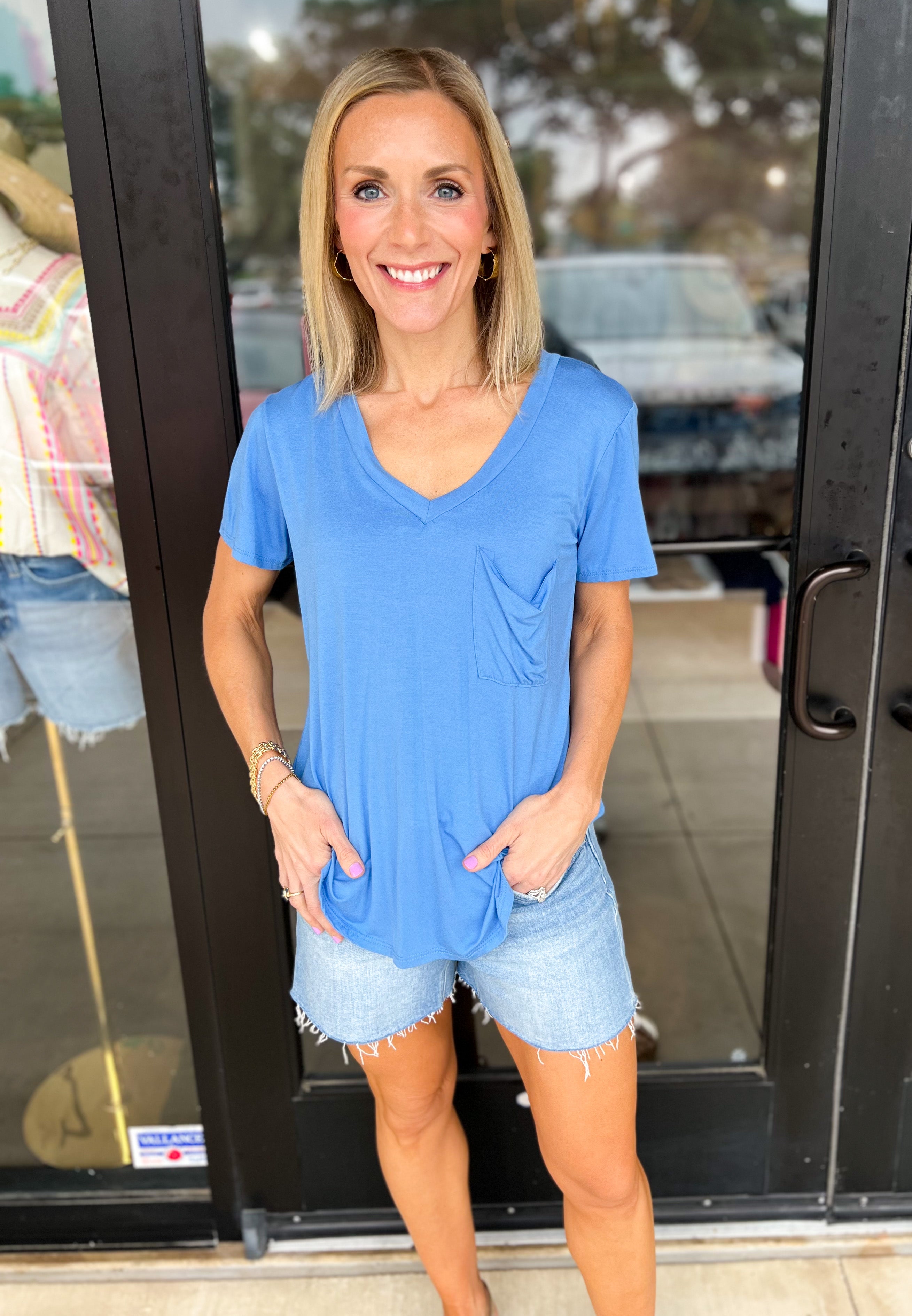 Essential V-Neck Tee - Electric Blue-210 Casual Blouses-ADRIENNE-July & June Women's Fashion Boutique Located in San Antonio, Texas
