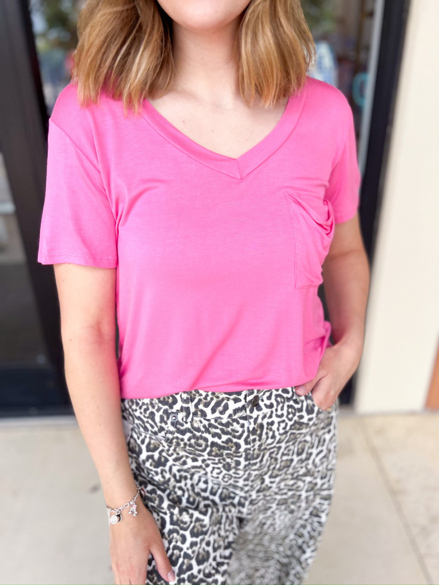 Essential V-Neck Tee - Bubblegum Pink-210 Casual Blouses-ADRIENNE-July & June Women's Fashion Boutique Located in San Antonio, Texas