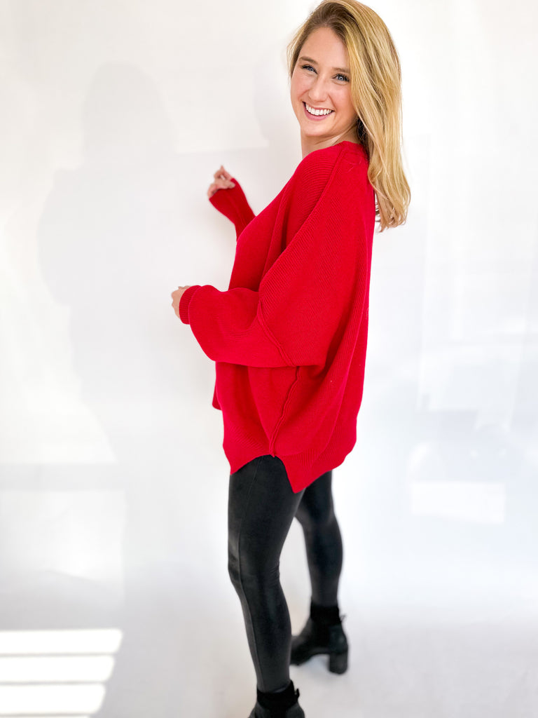 Cozy Oversized Sweater- Red-230 Sweaters/Cardis-ENTRO-July & June Women's Fashion Boutique Located in San Antonio, Texas