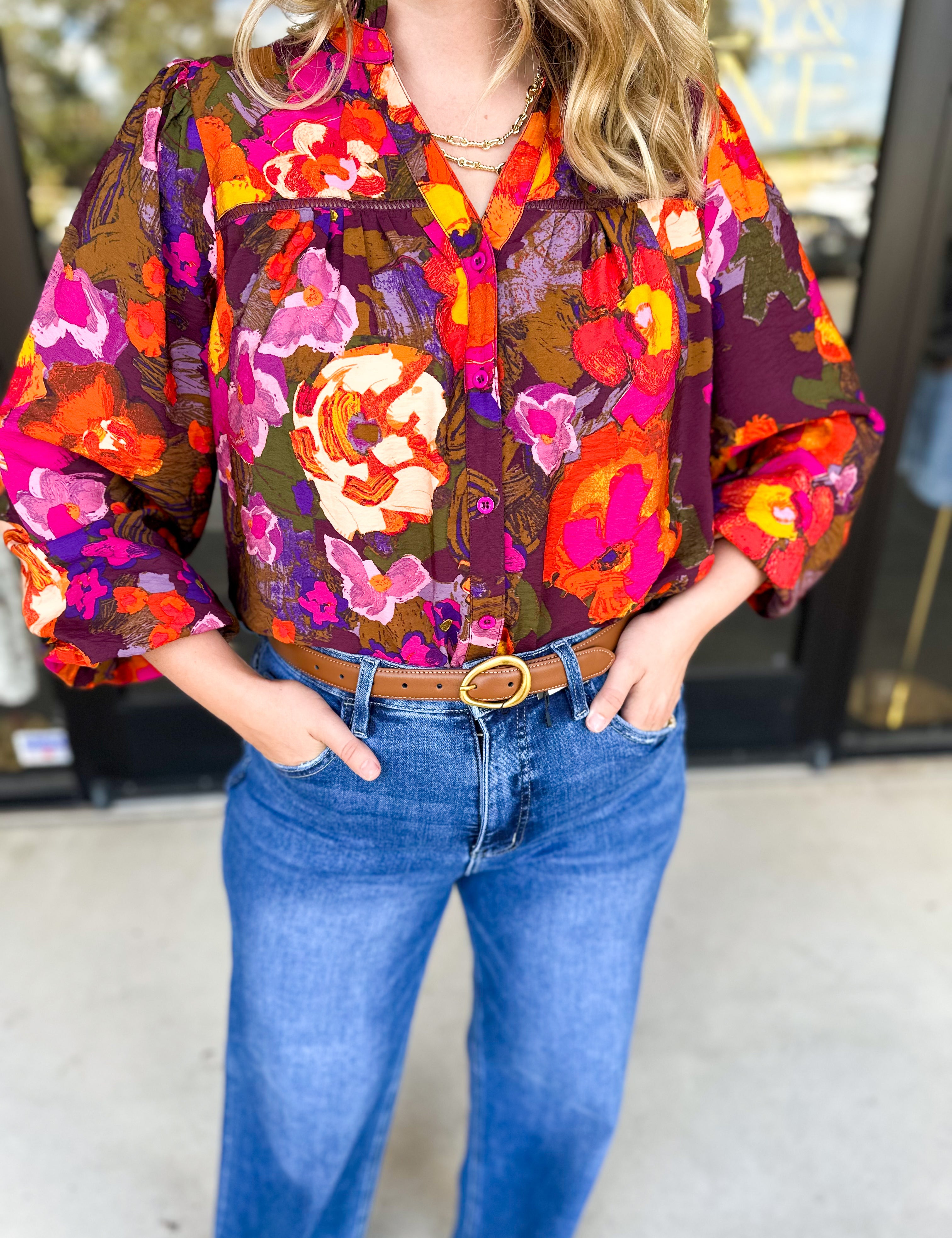 Vibrant Fall Florals Blouse-200 Fashion Blouses-FATE-July & June Women's Fashion Boutique Located in San Antonio, Texas