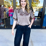 Pink Friday Doorbuster - Puff Sleeve Satin Blouse - Mocha - ONLINE-PINK FRIDAY DOORBUSTERS-GLAM-July & June Women's Fashion Boutique Located in San Antonio, Texas