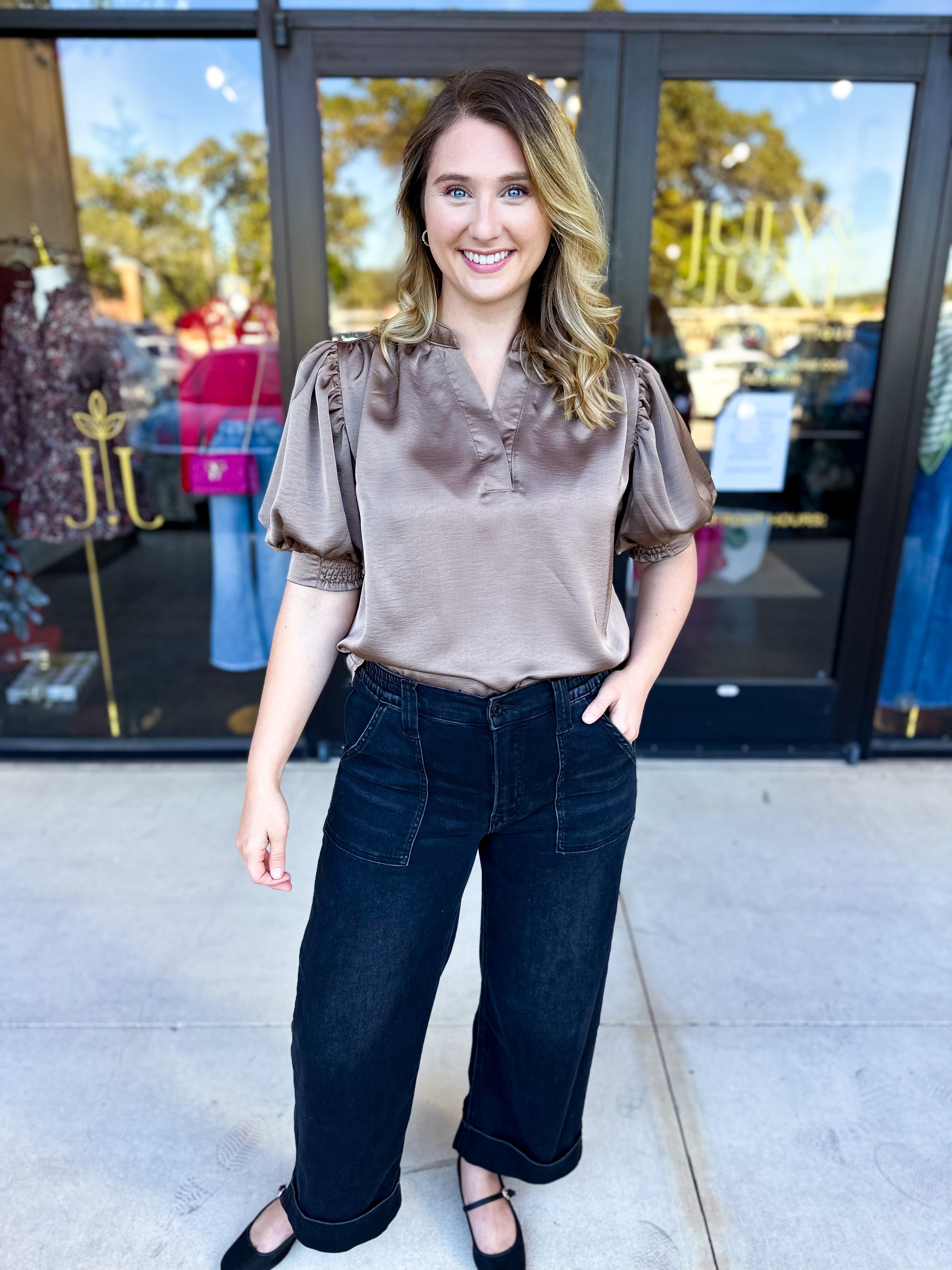 Pink Friday Doorbuster - Puff Sleeve Satin Blouse - Mocha - ONLINE-PINK FRIDAY DOORBUSTERS-GLAM-July & June Women's Fashion Boutique Located in San Antonio, Texas