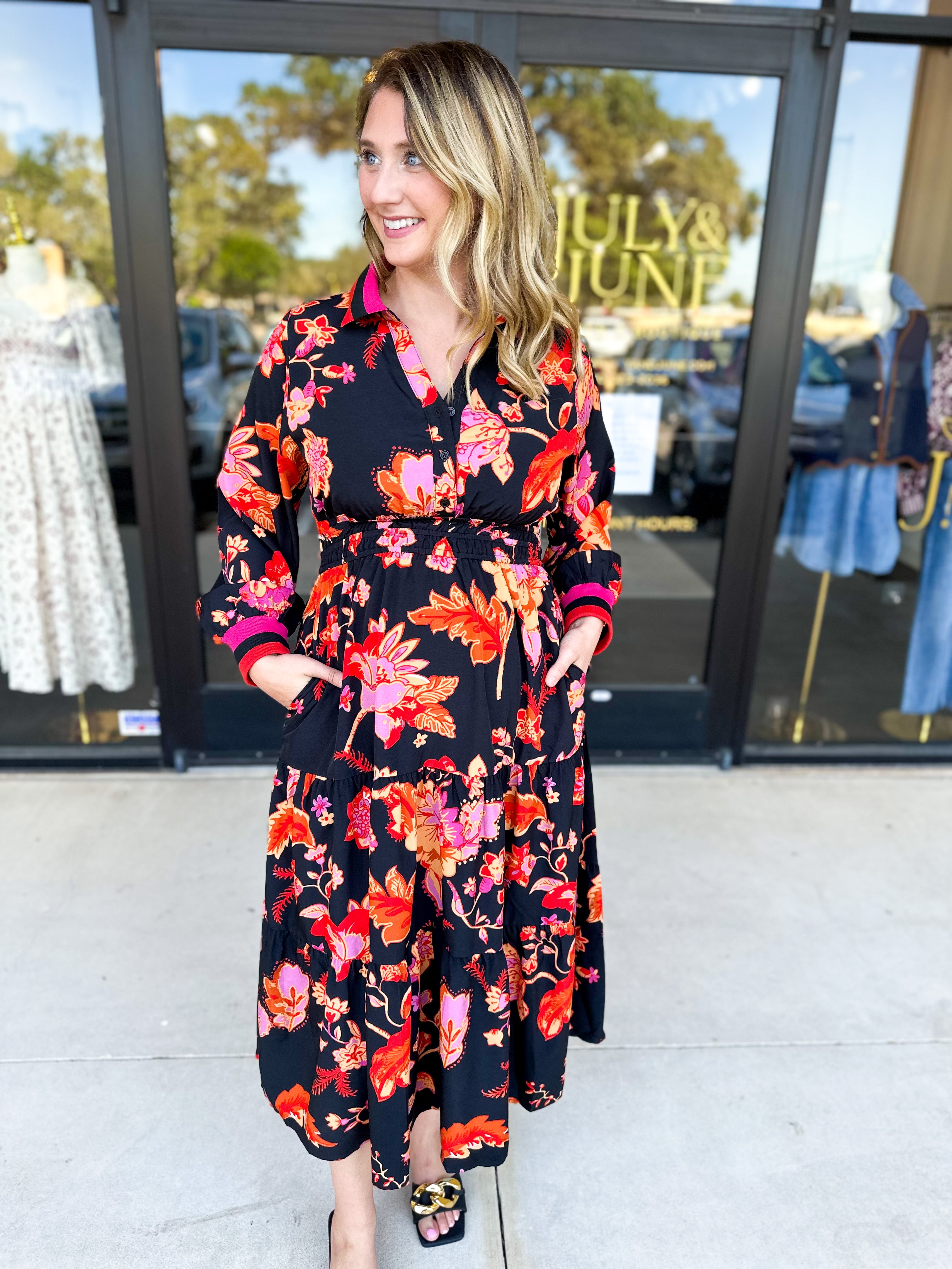 Bold Paisley Floral Print Midi Dress-500 Midi-JODIFL-July & June Women's Fashion Boutique Located in San Antonio, Texas
