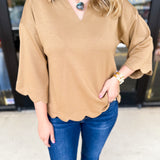 Soft Scalloped Top - Camel-200 Fashion Blouses-JODIFL-July & June Women's Fashion Boutique Located in San Antonio, Texas