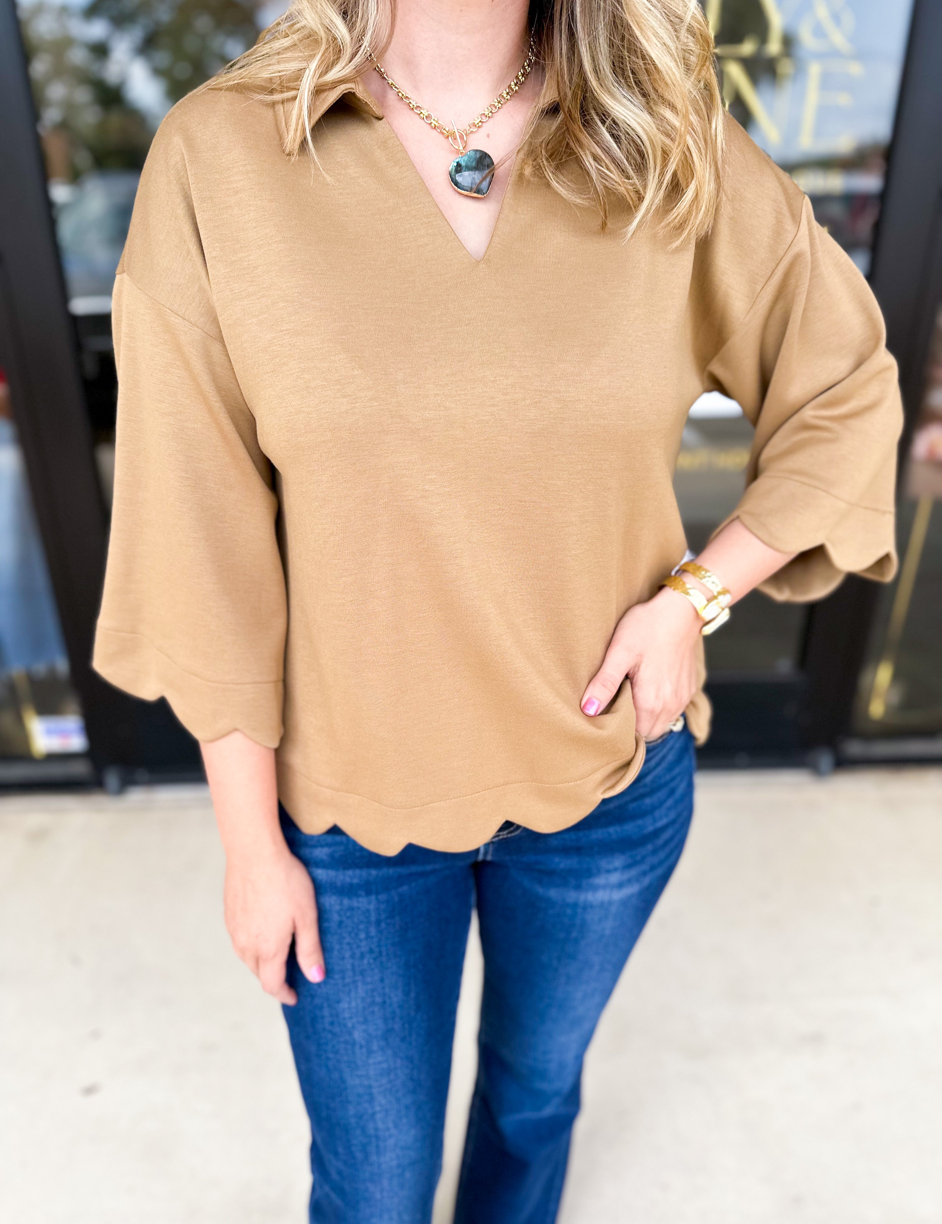 Soft Scalloped Top - Camel-200 Fashion Blouses-JODIFL-July & June Women's Fashion Boutique Located in San Antonio, Texas