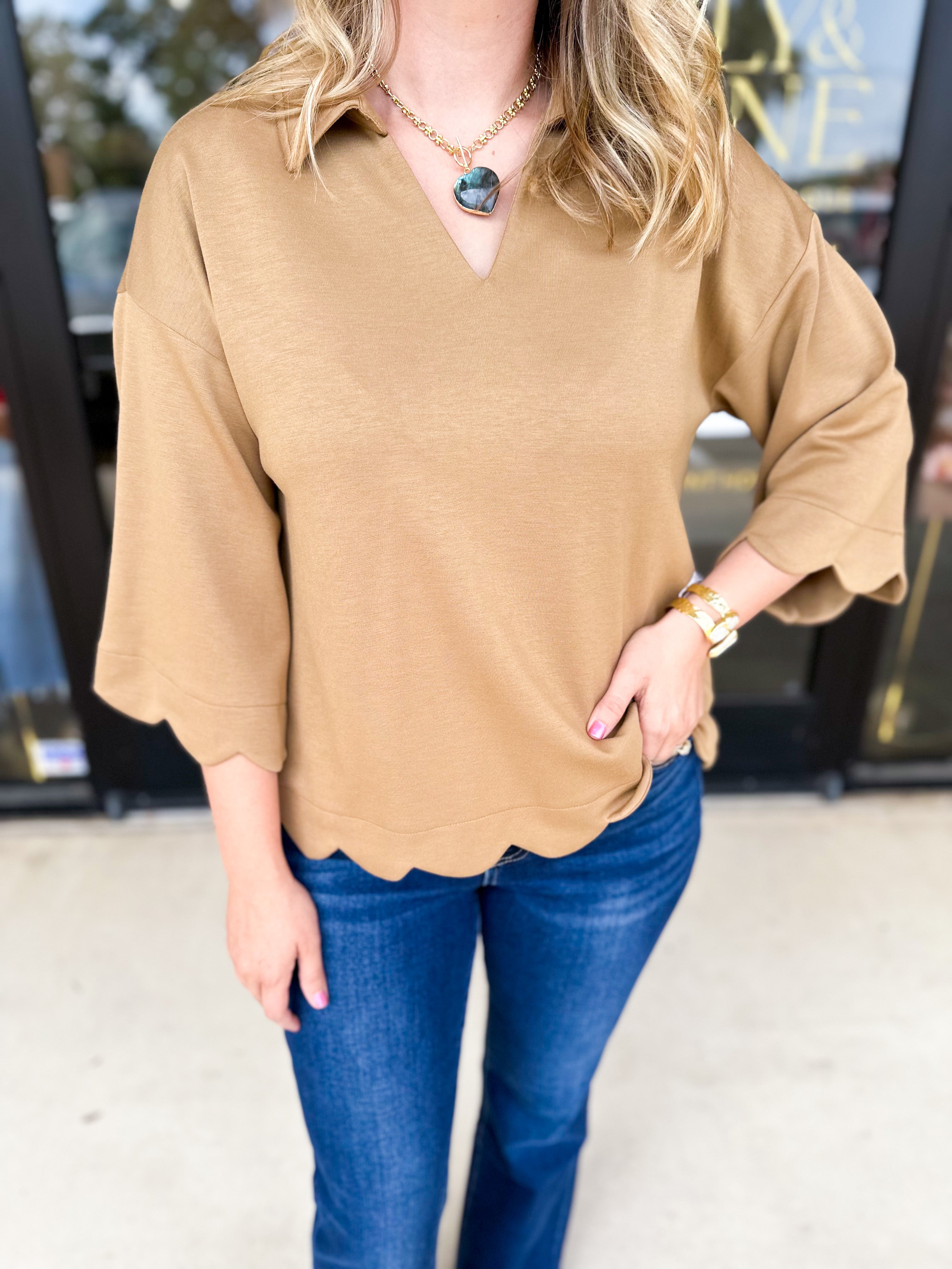 Soft Scalloped Top - Camel-200 Fashion Blouses-JODIFL-July & June Women's Fashion Boutique Located in San Antonio, Texas