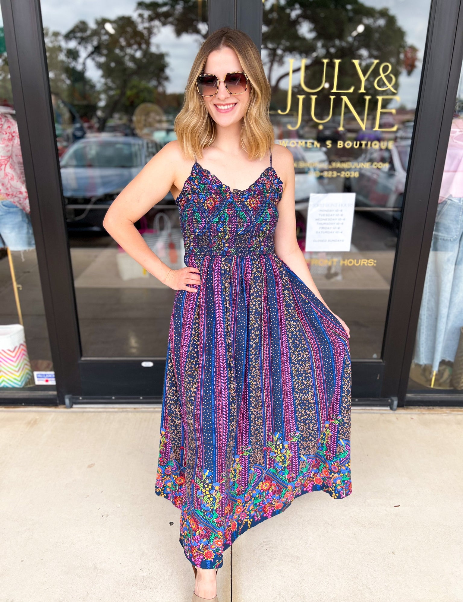 The Rowen Smocked Midi Dress-500 Midi-FATE-July & June Women's Fashion Boutique Located in San Antonio, Texas