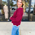 Scalloped Edges Sweater - Burgundy-230 Sweaters/Cardis-ENTRO-July & June Women's Fashion Boutique Located in San Antonio, Texas