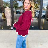 Scalloped Edges Sweater - Burgundy-230 Sweaters/Cardis-ENTRO-July & June Women's Fashion Boutique Located in San Antonio, Texas
