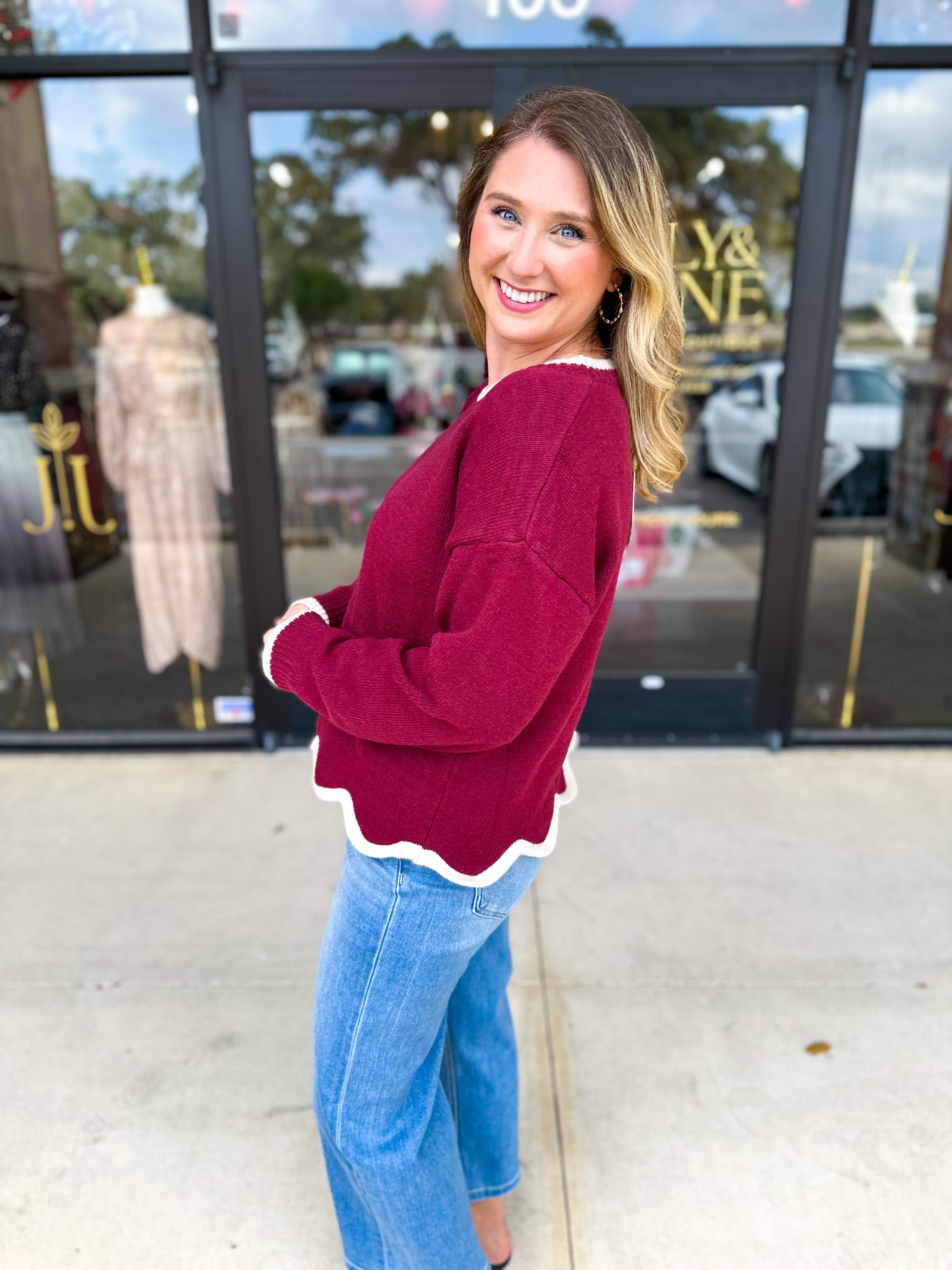 Scalloped Edges Sweater - Burgundy-230 Sweaters/Cardis-ENTRO-July & June Women's Fashion Boutique Located in San Antonio, Texas