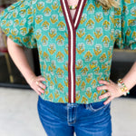 THML - Teal Paisley Blouse-200 Fashion Blouses-THML-July & June Women's Fashion Boutique Located in San Antonio, Texas