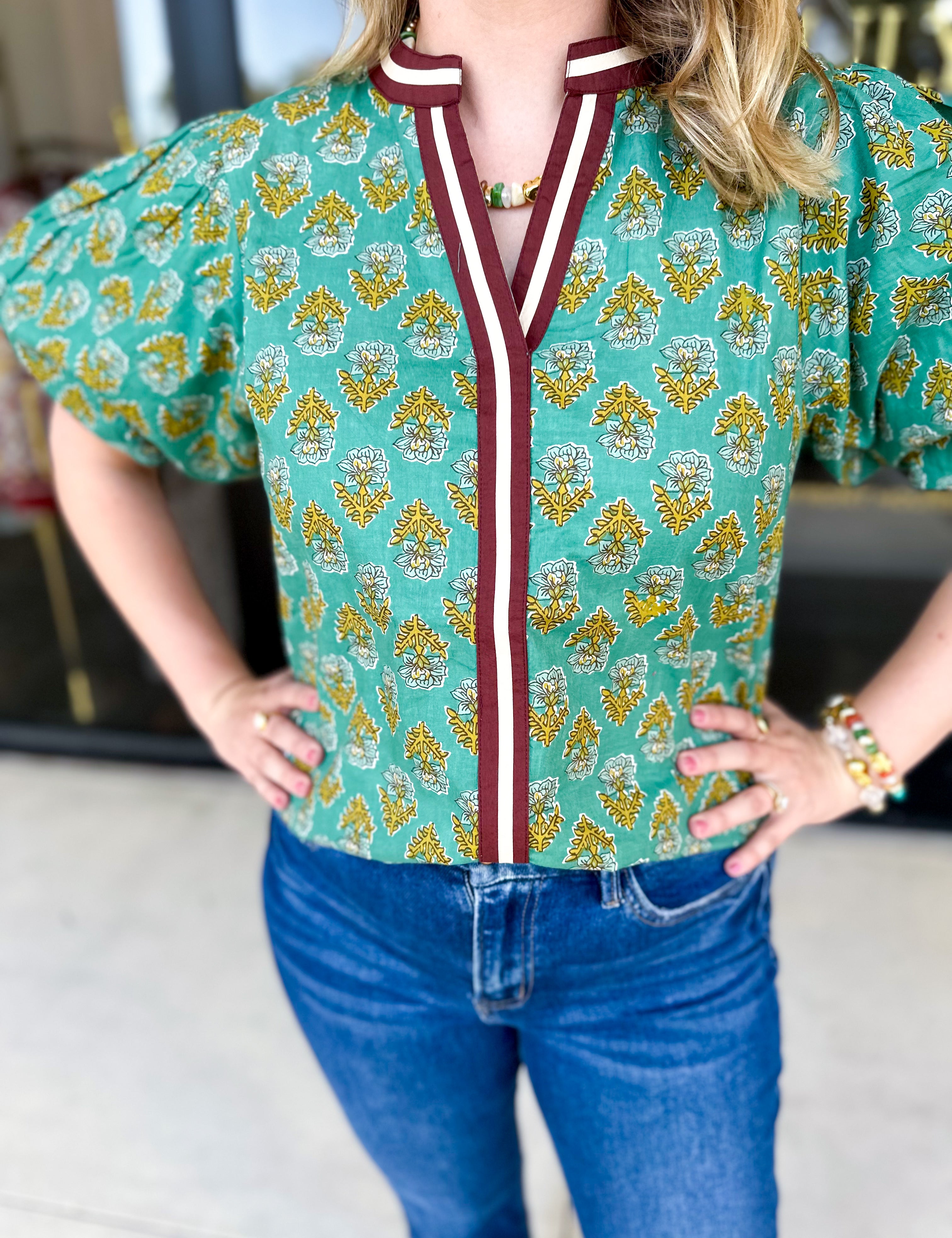 THML - Teal Paisley Blouse-200 Fashion Blouses-THML-July & June Women's Fashion Boutique Located in San Antonio, Texas