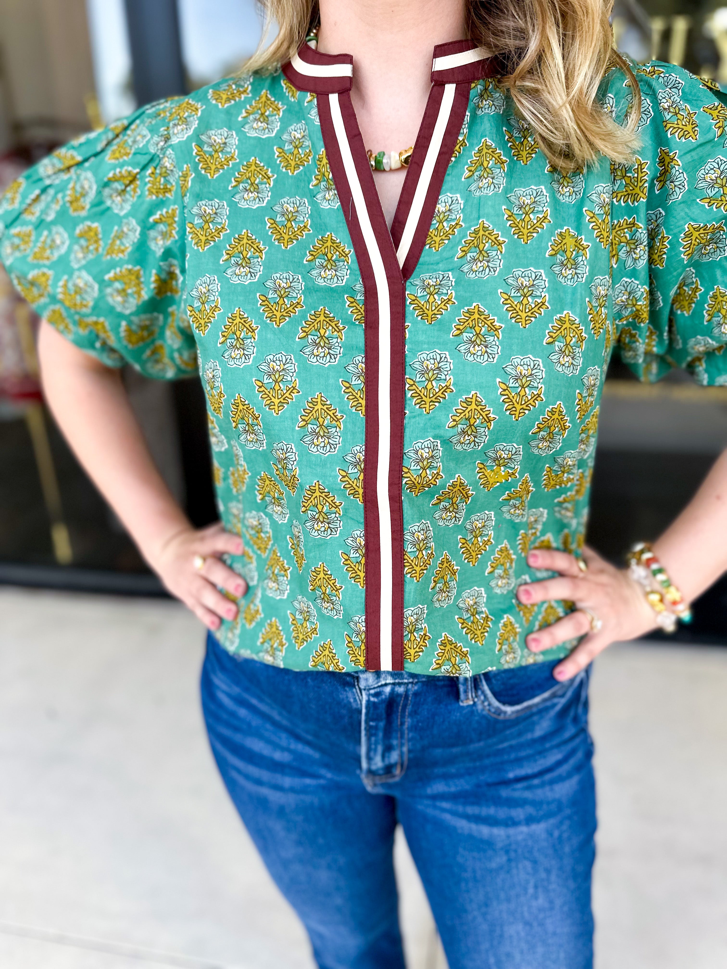 THML - Teal Paisley Blouse-200 Fashion Blouses-THML-July & June Women's Fashion Boutique Located in San Antonio, Texas