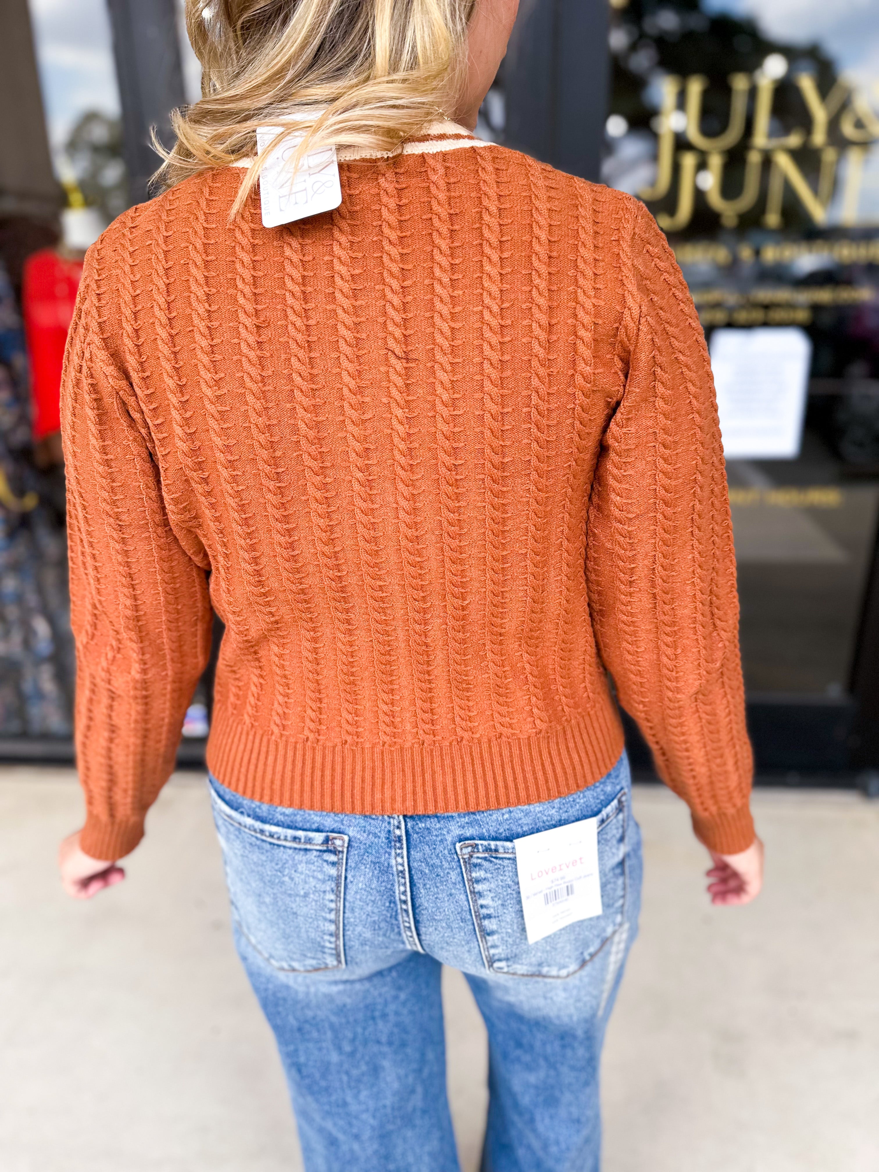 Classic Varsity Rust Cardigan-230 Sweaters/Cardis-ENTRO-July & June Women's Fashion Boutique Located in San Antonio, Texas