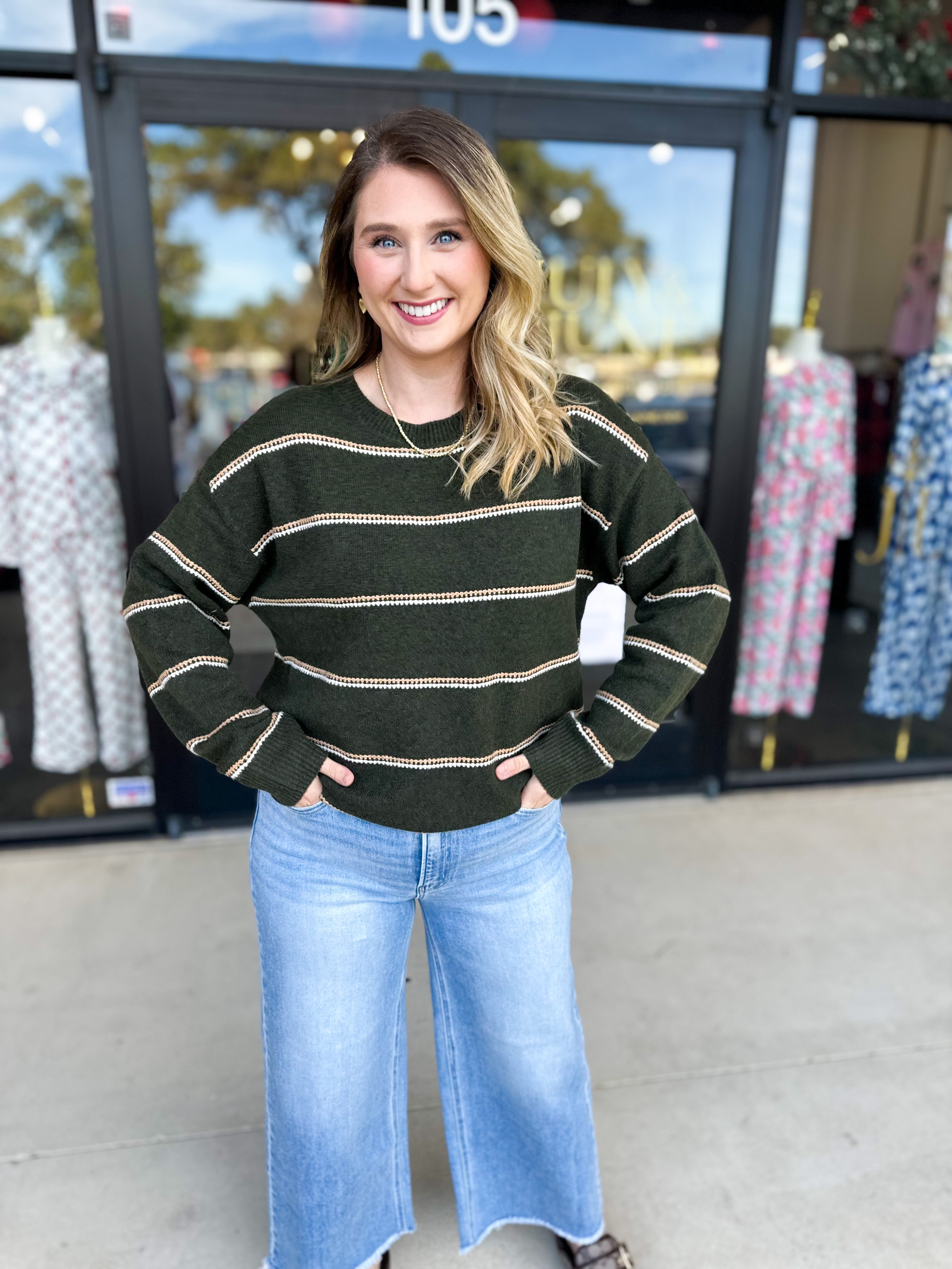 Olive & Camel Sweater-230 Sweaters/Cardis-SKIES ARE BLUE-July & June Women's Fashion Boutique Located in San Antonio, Texas