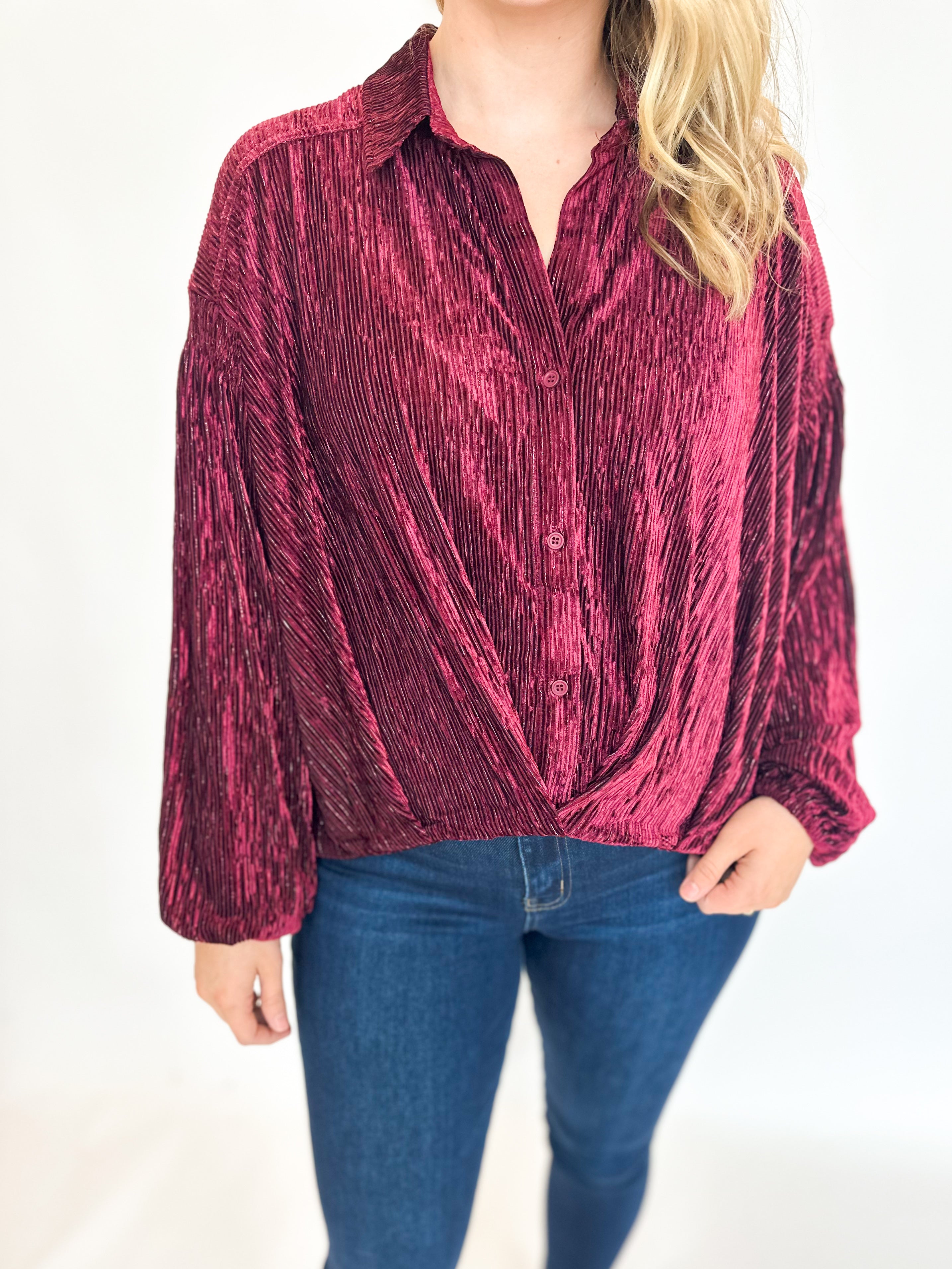 Textured Velvet Blouse - Burgundy-200 Fashion Blouses-SKIES ARE BLUE-July & June Women's Fashion Boutique Located in San Antonio, Texas