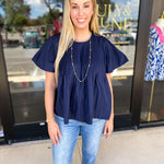 Navy Flutter Blouse-200 Fashion Blouses-PINCH-July & June Women's Fashion Boutique Located in San Antonio, Texas