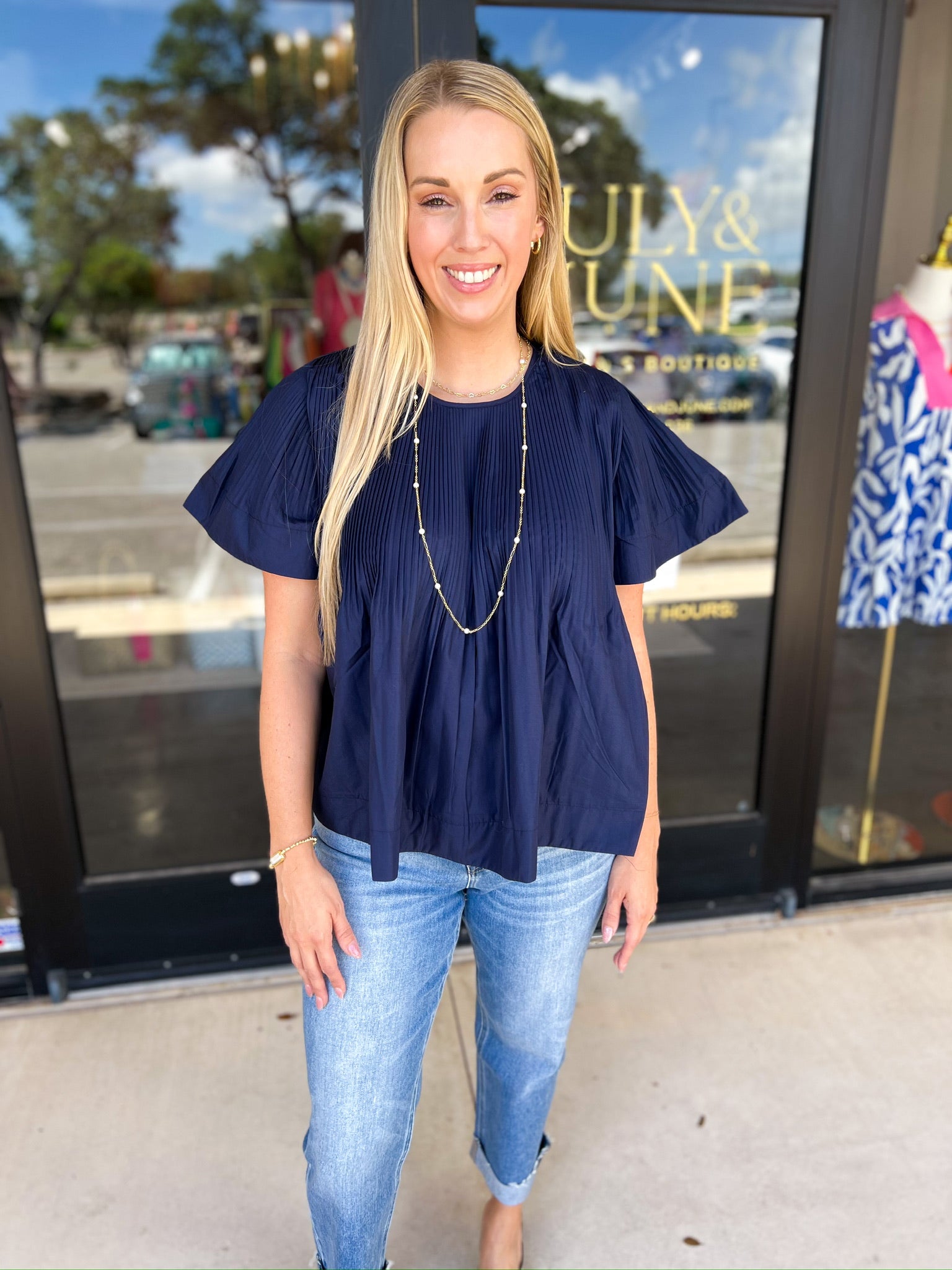 Navy Flutter Blouse-200 Fashion Blouses-PINCH-July & June Women's Fashion Boutique Located in San Antonio, Texas