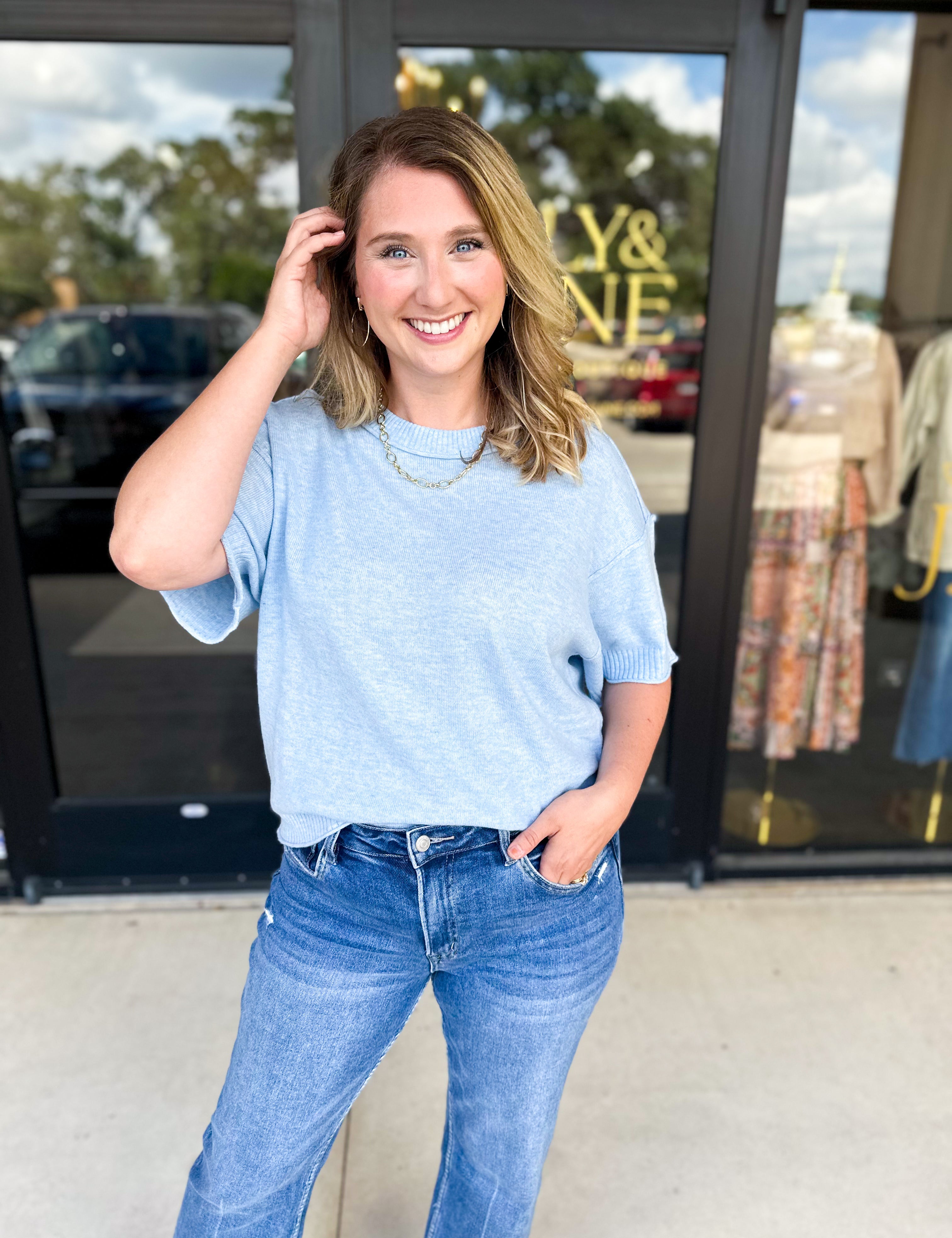 The Ella Knit Sweater Top - Powder Blue-230 Sweaters/Cardis-JODIFL-July & June Women's Fashion Boutique Located in San Antonio, Texas