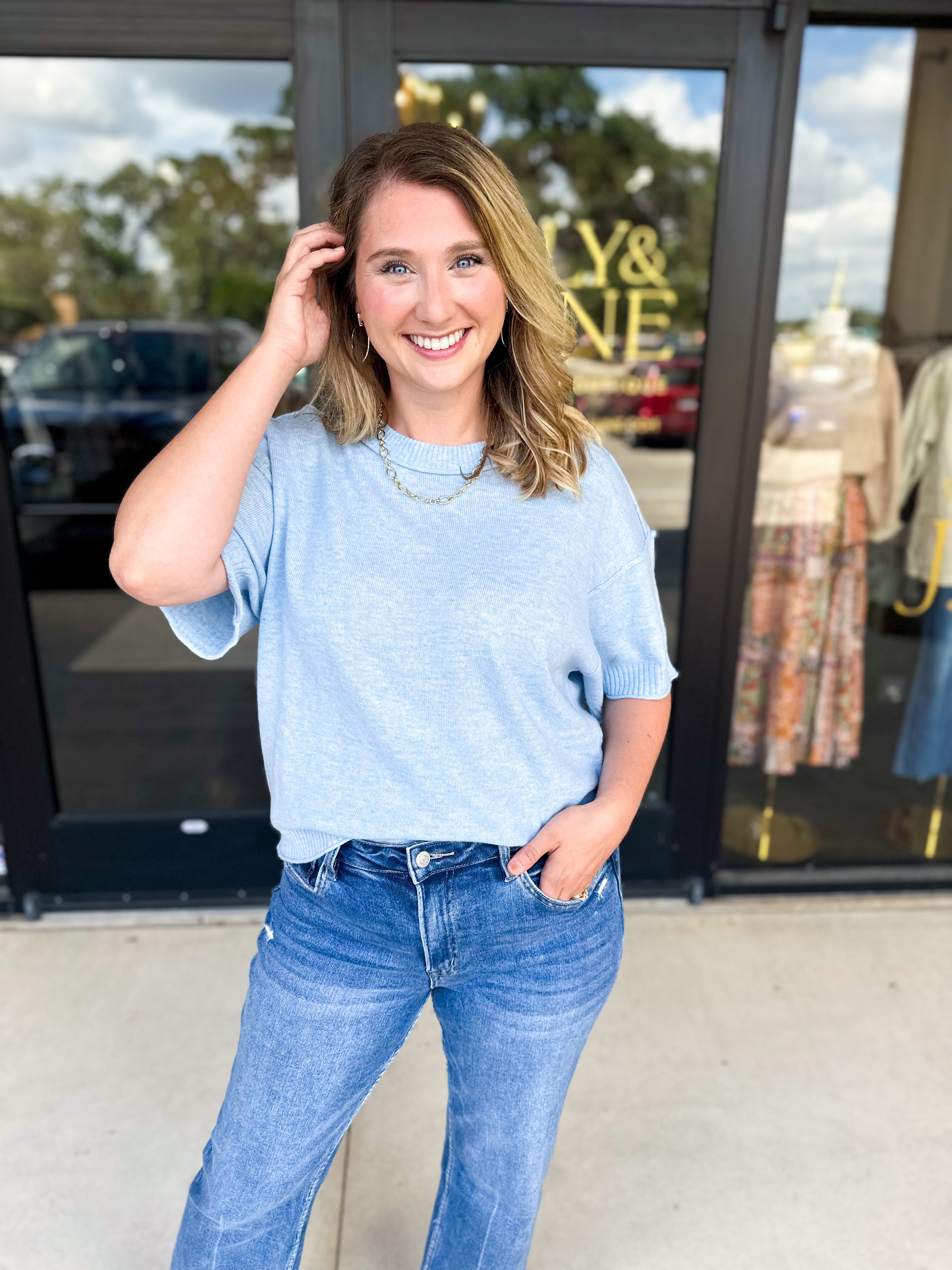 The Ella Knit Sweater Top - Powder Blue-230 Sweaters/Cardis-JODIFL-July & June Women's Fashion Boutique Located in San Antonio, Texas